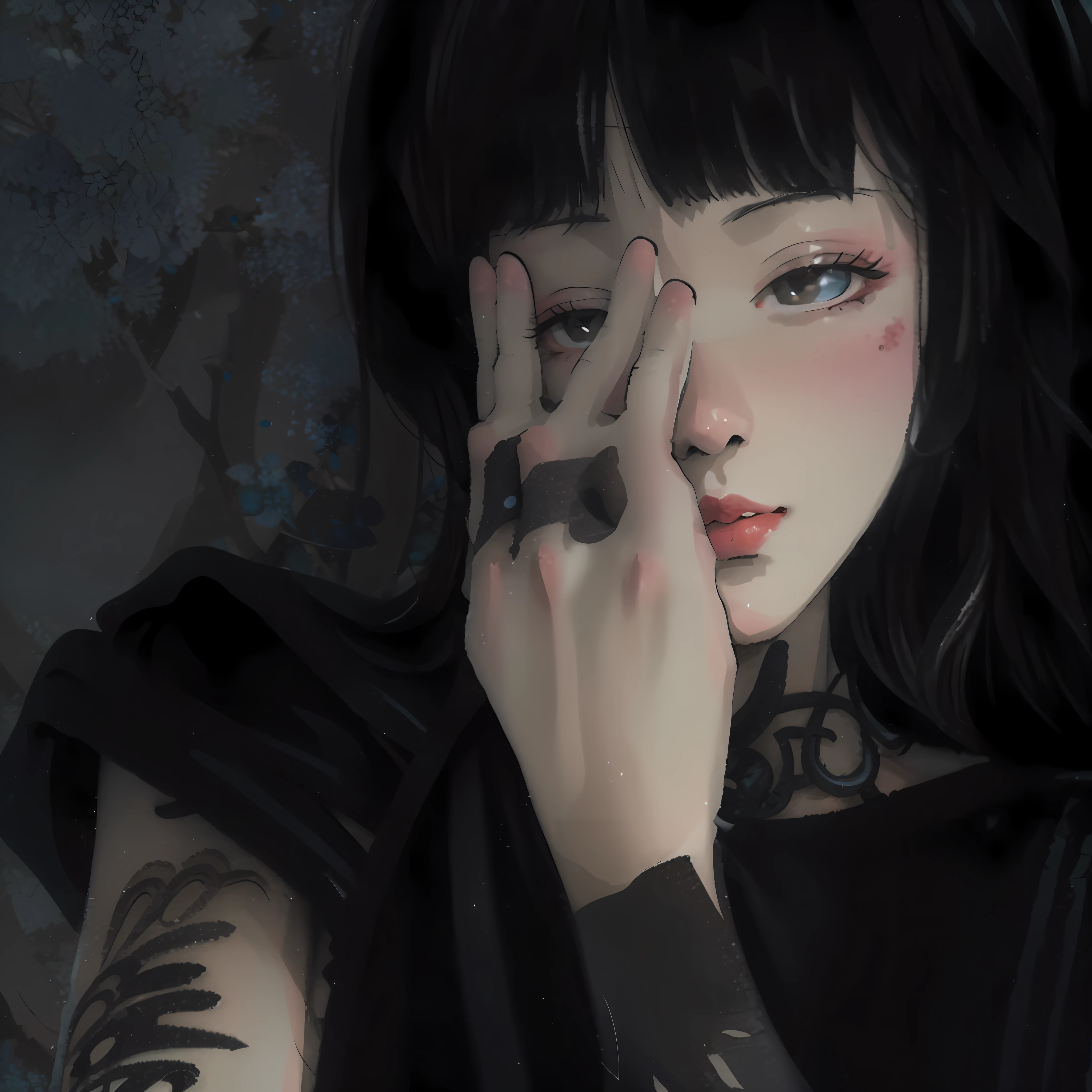 (Masterpiece),Best quality,Good anatomy,shuimobysim,(1 girl:1),(The upper part of the body),short detailed hair,(ecchi0.5),(Green trees:0.5),(Flowers: 0.6) ，sketching，black hair, Surrealism, 8k, super detail。