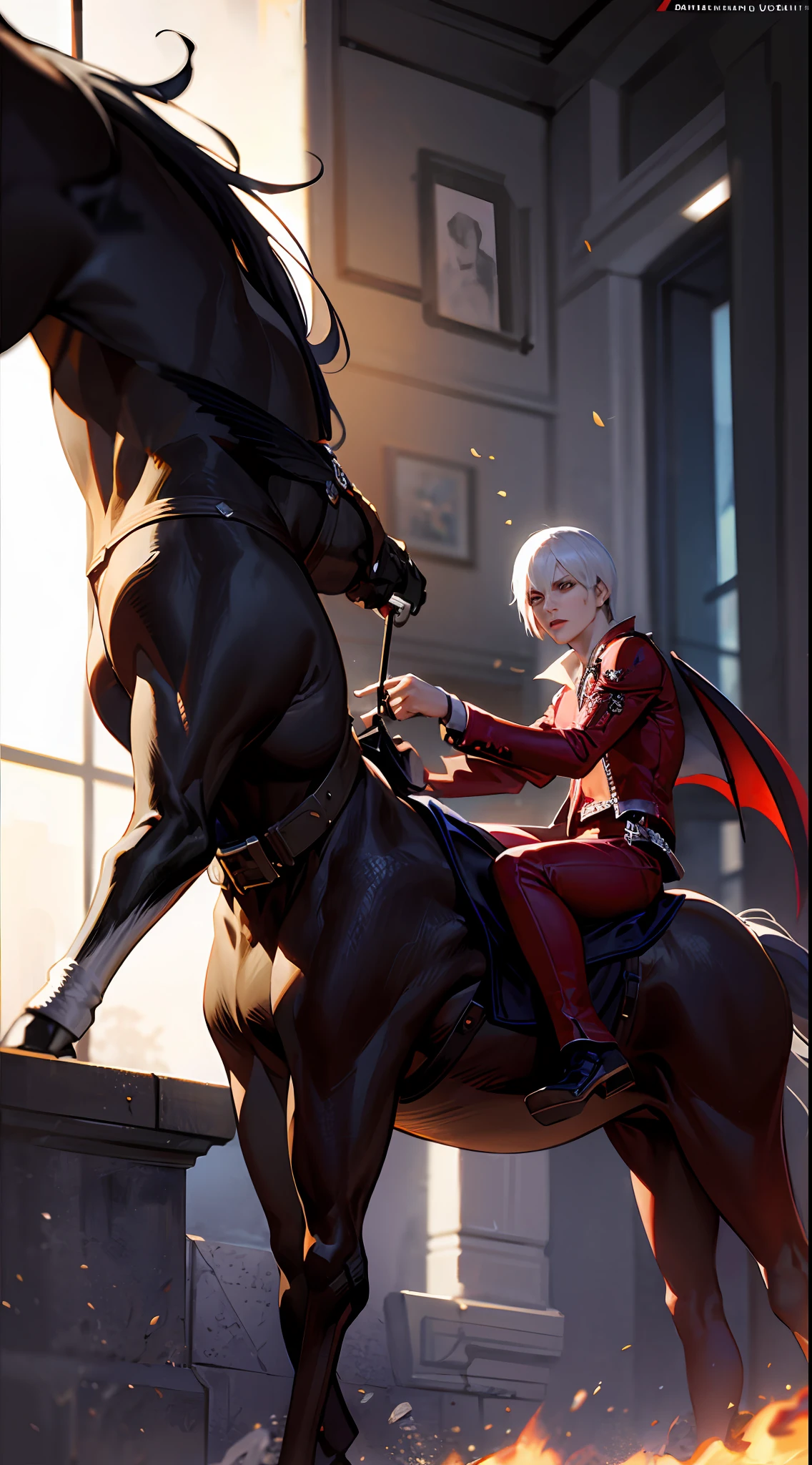 (tmasterpiece,best qualtiy:1.2),ultra - detailed,(Horse stop:1.5)(watch from the side),(Realistis:1.5)Devil May Cry Five,Dante,La erhu