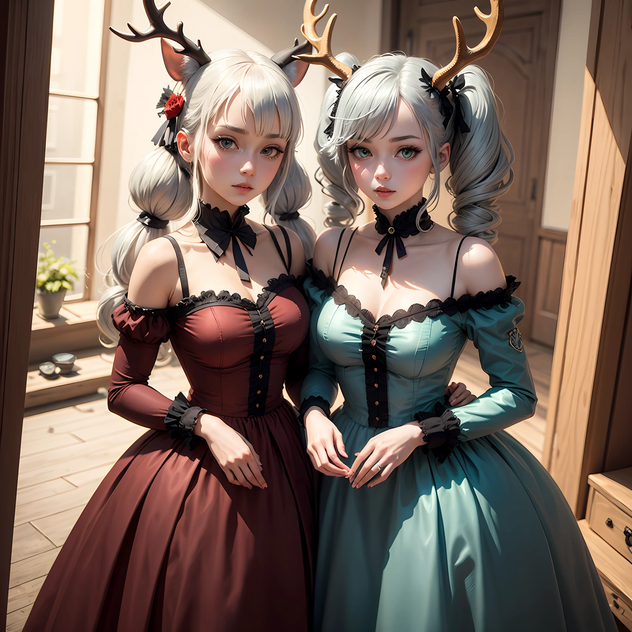 silver hair, twintails, antlers, crescent hair ornament, aqua eyes, kemonomimi mode, doyagao, first-person view, Gothic art, Carl Larsson, high detail, rococo style, 16k, super detail, masterpiece, UHD --auto