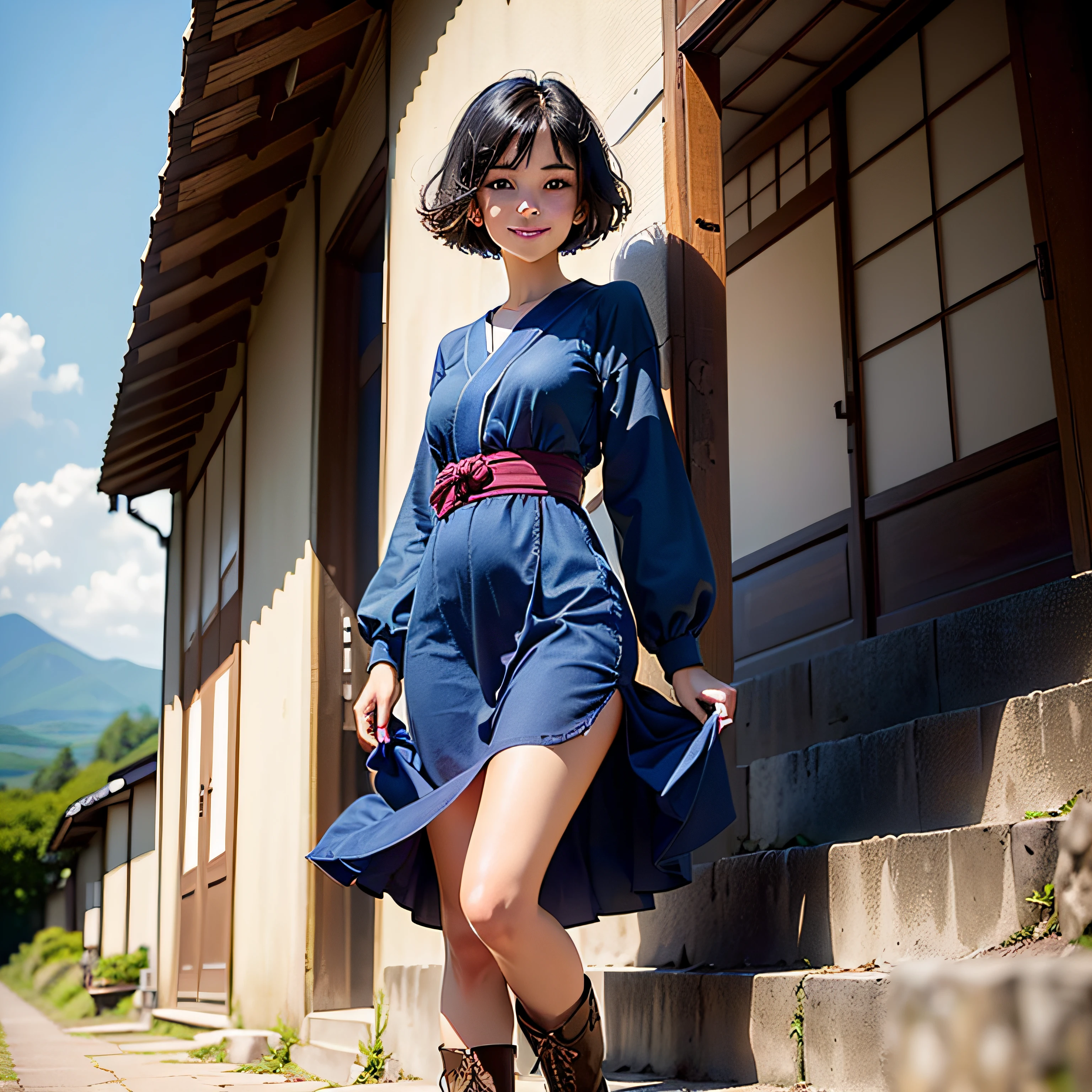 (masterpiece, highest quality, highest resolution, distinct_image, detailed detail, portrait): (Solo, lone girl, face is Japan, short cut, girl with black hair, (perfect body: 1.4), sparkling blue colored eyes, blue dress figure, very delicate and beautiful, detailed skin, slim body, happy smile, heroine, boots, front, facing the viewer) , Countryside