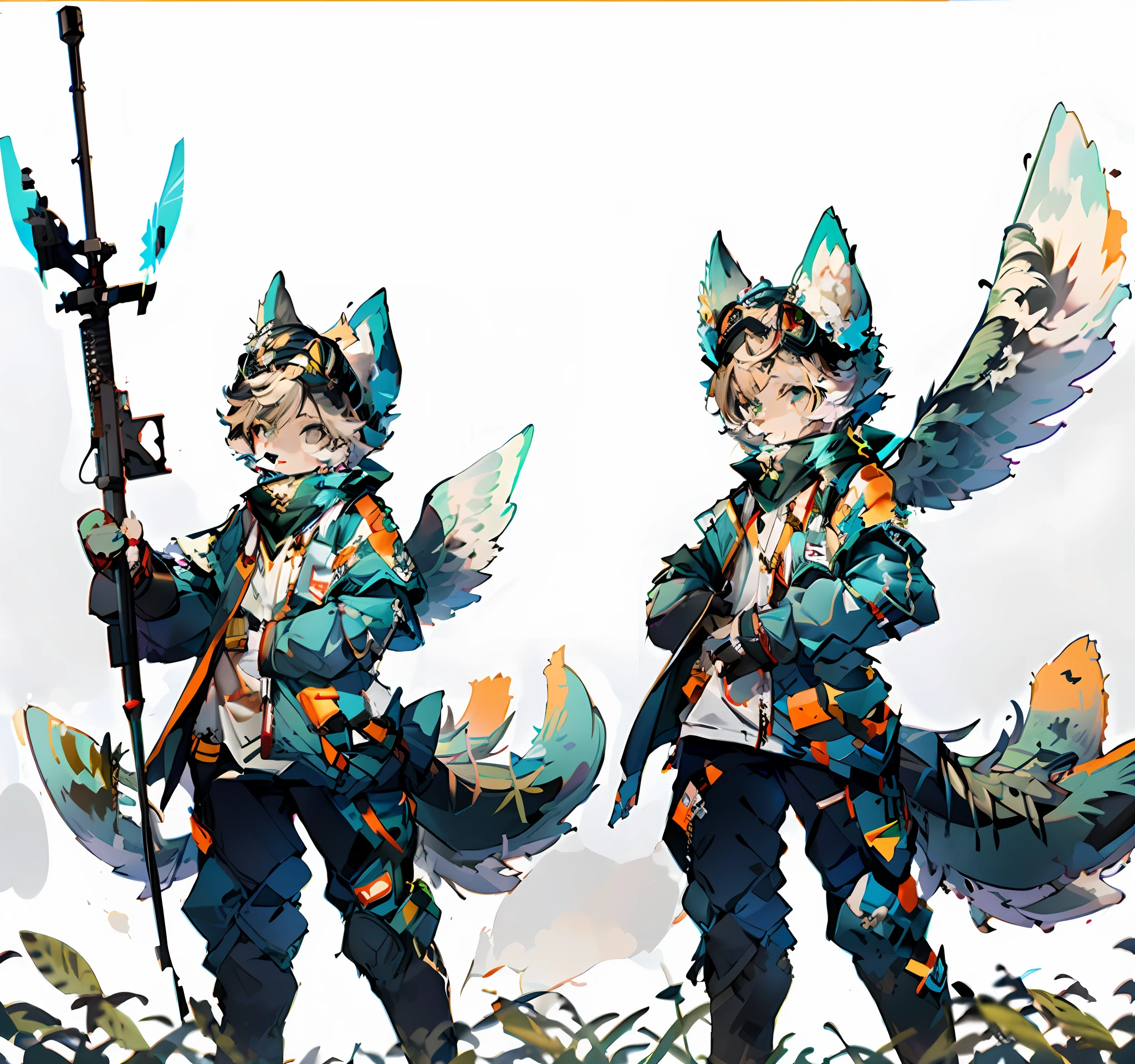 Anime characters with swords and birds in the wild, detailed full body concept art, ( ( concept art of character ) ), official character art, symetry!! concept-art, Official concept art, beautiful full-body concept art, high quality character design, [ Character design ], colored concept art, Great character design, colorful concept art, G Liulian art style，Armed with a machine gun，Wear body armor to protect yourself，Immediate danger，background battlefield