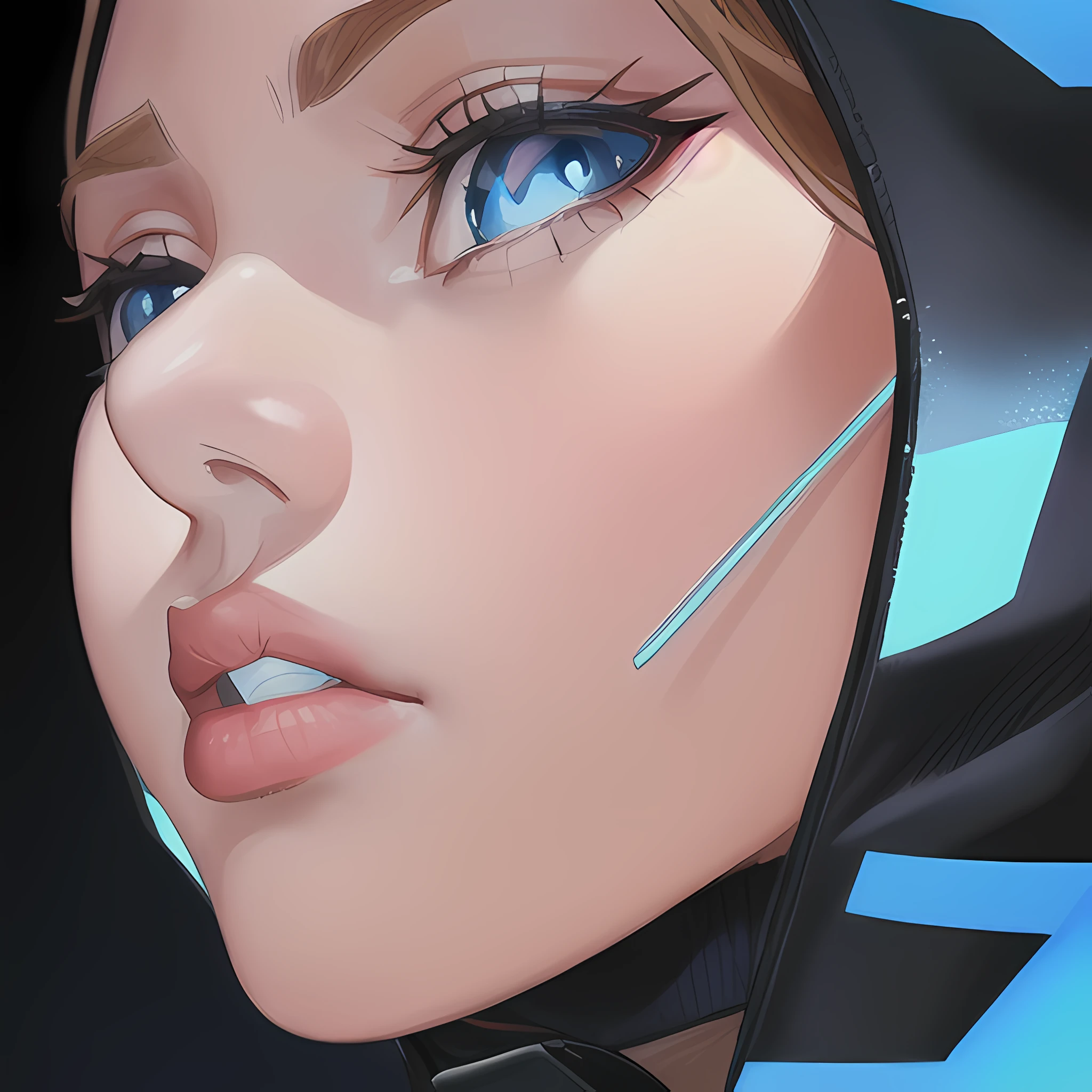 ((close up portrait of middled age woman with a hood on & with big huge giant blue eyes & tiny nose & closed wide thick mouth full lips!!!:1.5)), she is looking at the camera & her expression is solemn, colorfull anime portait, colorfull anime profile, solemn expression, mysterious portrait of a woman, inspired by Naruto anime series, myself, mysterious portrait, mysterious eerie portrait, night!!! (((masterpiece))), (((best quality))), ((ultra-detailed)), (highly detailed anime illustration), ((an extremely delicate and beautiful)),(from side),cinematic light,((1anime woman)),solo, black background, extreme detailed,colorful,highest detailed