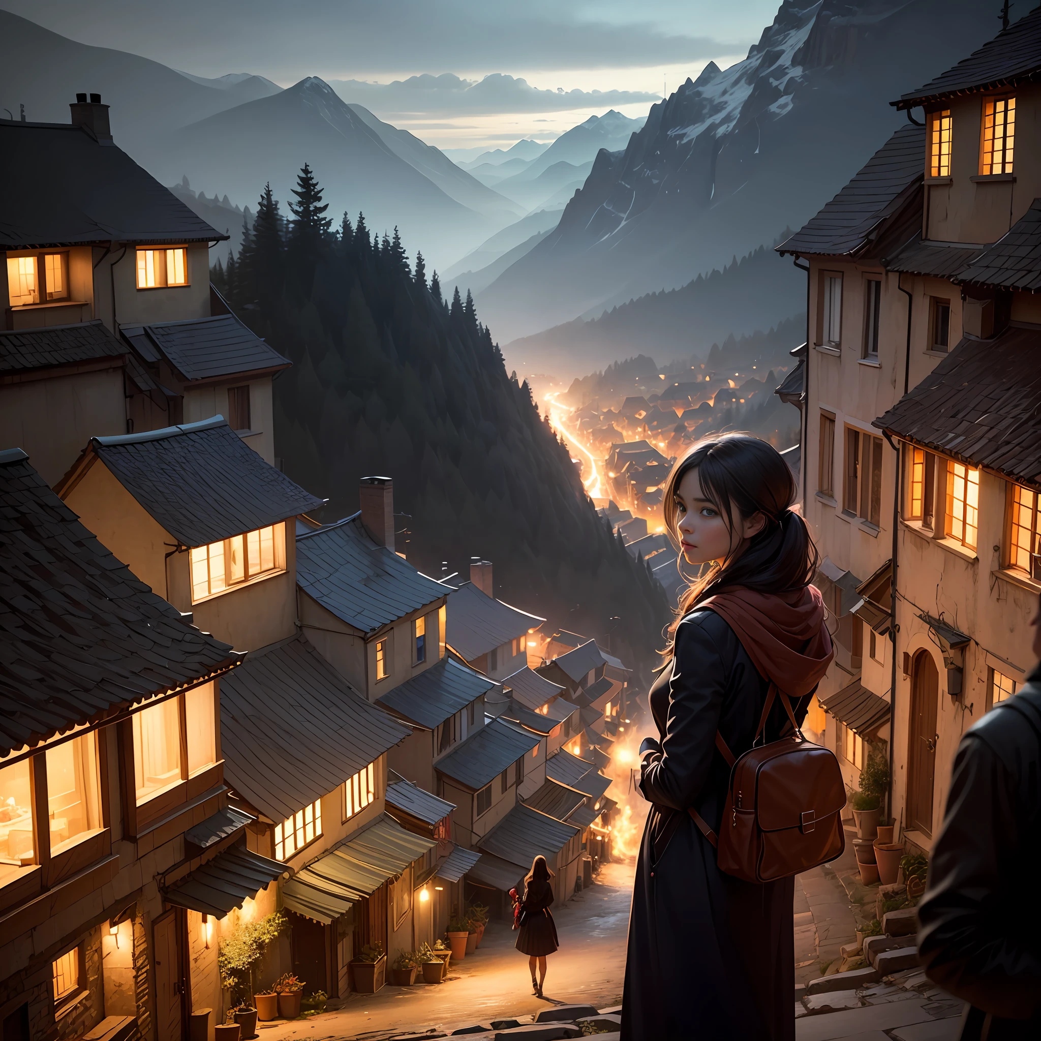 The small village under the mountain is lit up,At a glance in the crowd, I saw the figure of a woman looking back --auto