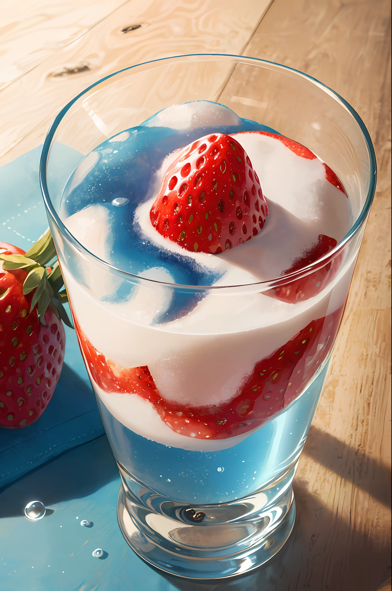(Magical Photo:1.3) of (Realistic:1.3),(Energetic:1.3) product photography of a strawberries falling into a glass of milk, splash, intricate, epic,(by Artist RHADS:1.3),Highly Detailed,(Provia:1.3)