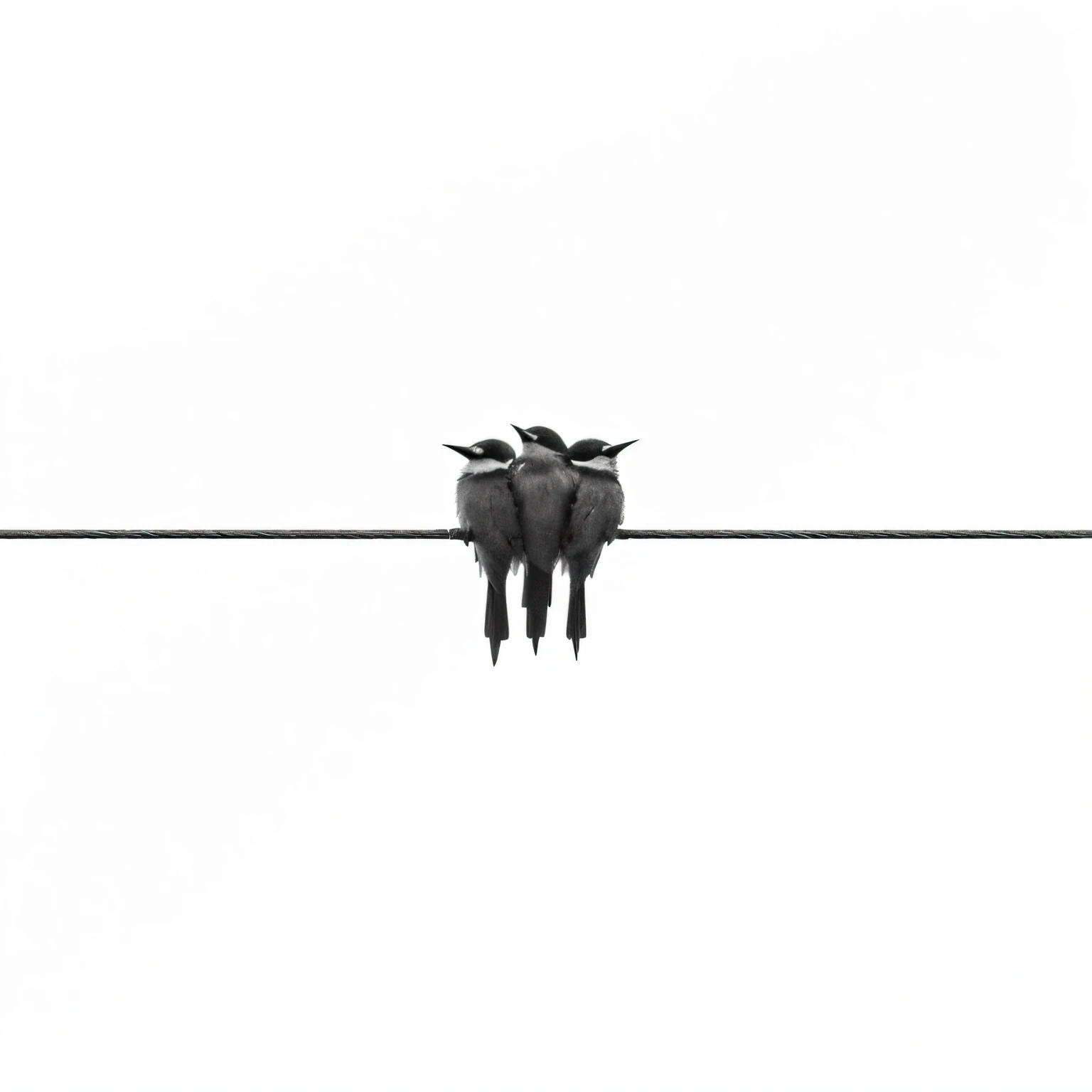 There are two birds sitting on wires on white background, isolated on white, Nicolas Delort, very minimalistic, minimalistic composition, Minimalist photos, isolated on whites, CW, minimalistic composition, author:Ibrahim Mott, author:Jan Kupeki, birds f cgsociety, Minimalism, Minimalism, author:Shen Zhou, isolated on a white background