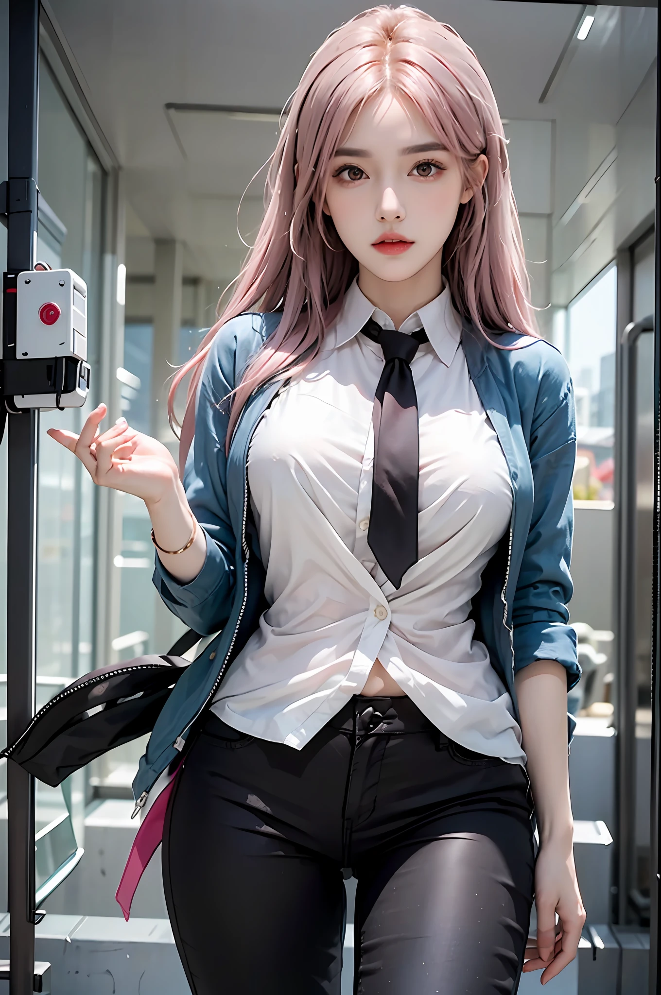 photorealistic, high resolution, 1 girl, hips up, beautiful eyes,power \(csm\), pink hair, symbol-shaped pupils, cross-shaped pupils, blue jacket, collared shirt, black necktie, black pants
