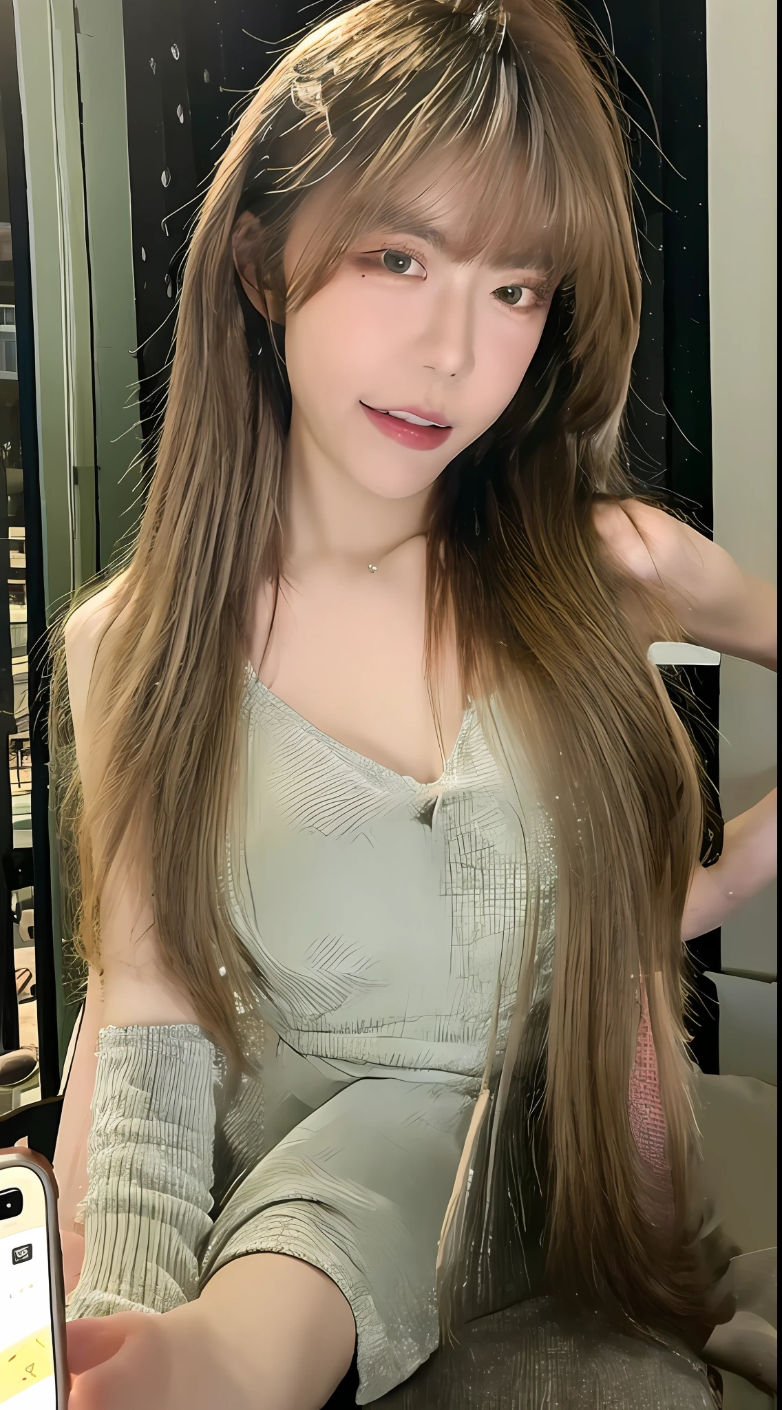 ((Best quality, 8k, Masterpiece: 1.3)), Selfie, Sharp focus: 1.2, Cute beautiful woman with perfect body: 1.4, Slim big breasts: 1.2, ((Brown hair dark, Big breasts: 1.2)) , (small transparent dress, half naked, highly detailed breasts, Happy expression, Standing: 1.2), ((Night view of the city with rain, Balcony simple: 1.3 making with the female being the main focus)), Highly detailed face and skin texture, Detailed eyes, Double eyelid