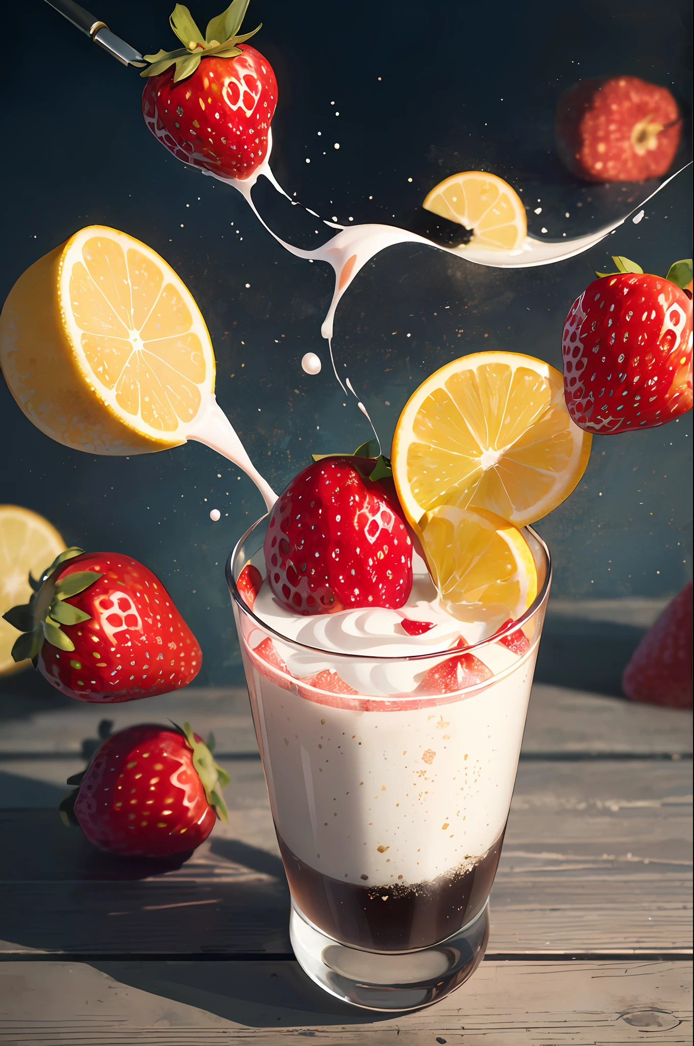 (Magical Photo:1.3) of (Realistic:1.3),(Energetic:1.3) product photography of a strawberries falling into a glass of milk, splash, intricate, epic,(by Artist RHADS:1.3),Highly Detailed,(Provia:1.3)