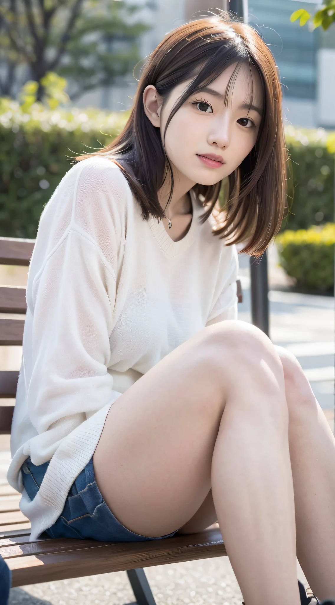 mix4, 20 days, Solo, Long_Hair, Nanase Nishino, Haruka Kaki, park, bench, Seated, (8K, RAW photography, Best quality, Masterpiece:1.2), (Realistic, Photorealistic: 1.37), Professional lighting, photon maping, Radio City, physically-based renderingt
