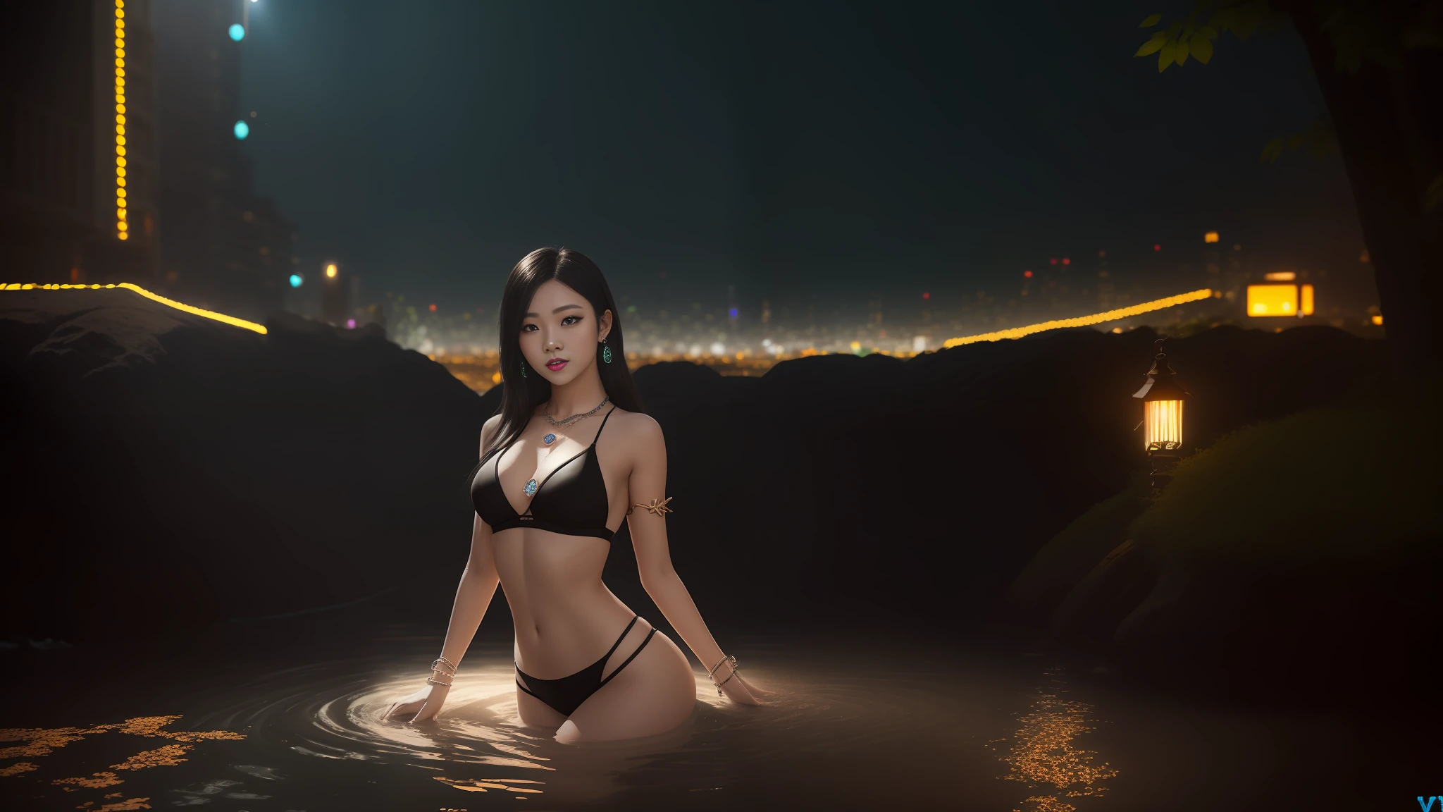 night,(night:1.8),(city lights:1.9),(black theme,),in summer,onsen,(nature:1.9),1girl,full body,black hair,very long hair,grin,sexy,unaligned breasts, dynamic angle,dynamic pose,outdoors,chinese style architecture,High color saturation,Color saturation,(jewelry:1.9),putting on jewelry, Warm light,Warm light,
ray tracing,cinematic lighting,(raw photo:1.2), (photorealistic:1.4), absurdres, incredibly absurdres, huge filesize , ultra-detailed, highres, extremely detailed,best quality ,masterpiece, illustration, an extremely delicate and beautiful, extremely detailed ,CG ,unity ,8k wallpaper, Amazing, finely detail, masterpiece,best quality, pureerosface_v1,ulzzang-6500-v1.1,