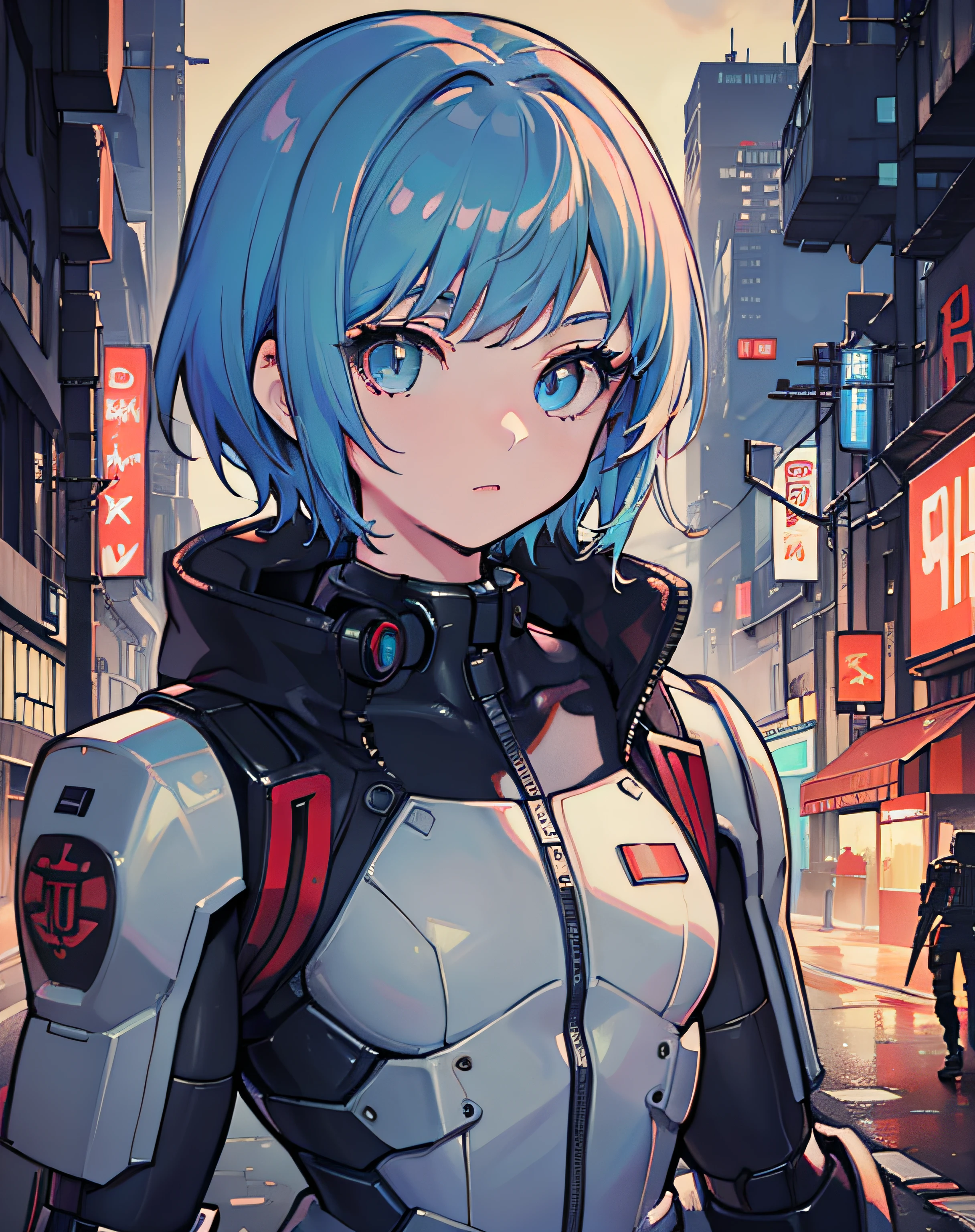 Masterpiece, Best Quality, 1 Girl, Small, (((Album Cover)), Blue Hair, Light on Face, Slim Body, Exoskeleton, Metal Gear, Cyberpunk Style, Short Hair, Gundam