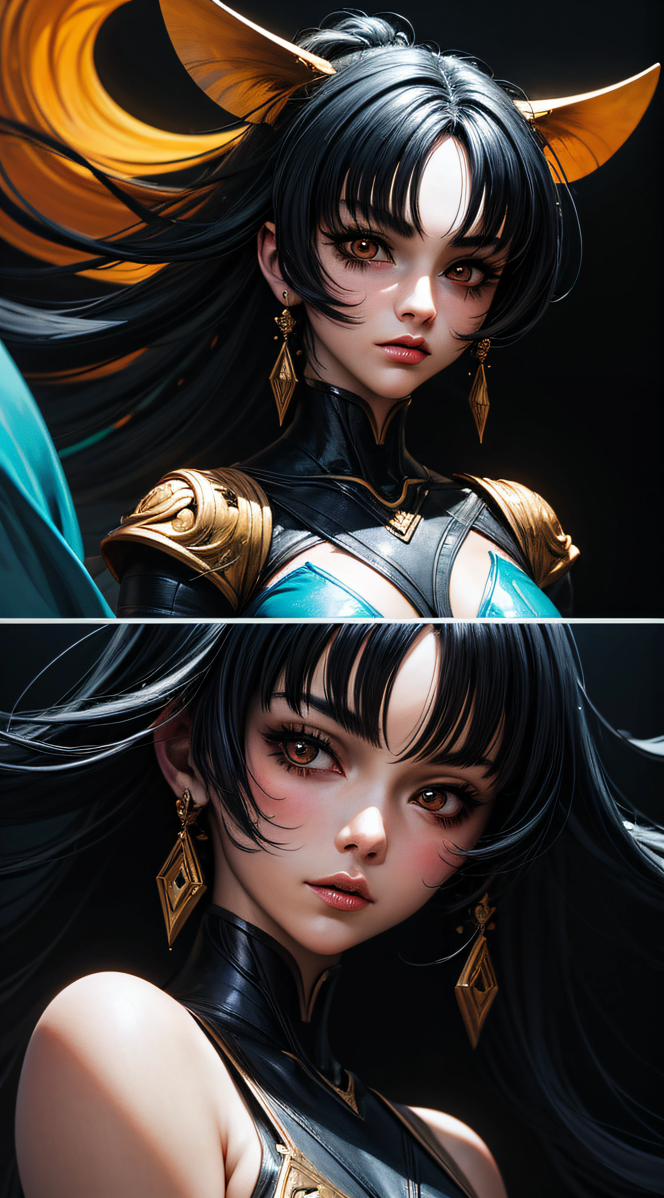 Anime chibi, a painting that includes splashes of color with a woman on the top, in the style of martin ansin, realistic yet ethereal, light black and orange, charming character illustrations, serene faces, azure, comic ar --auto
