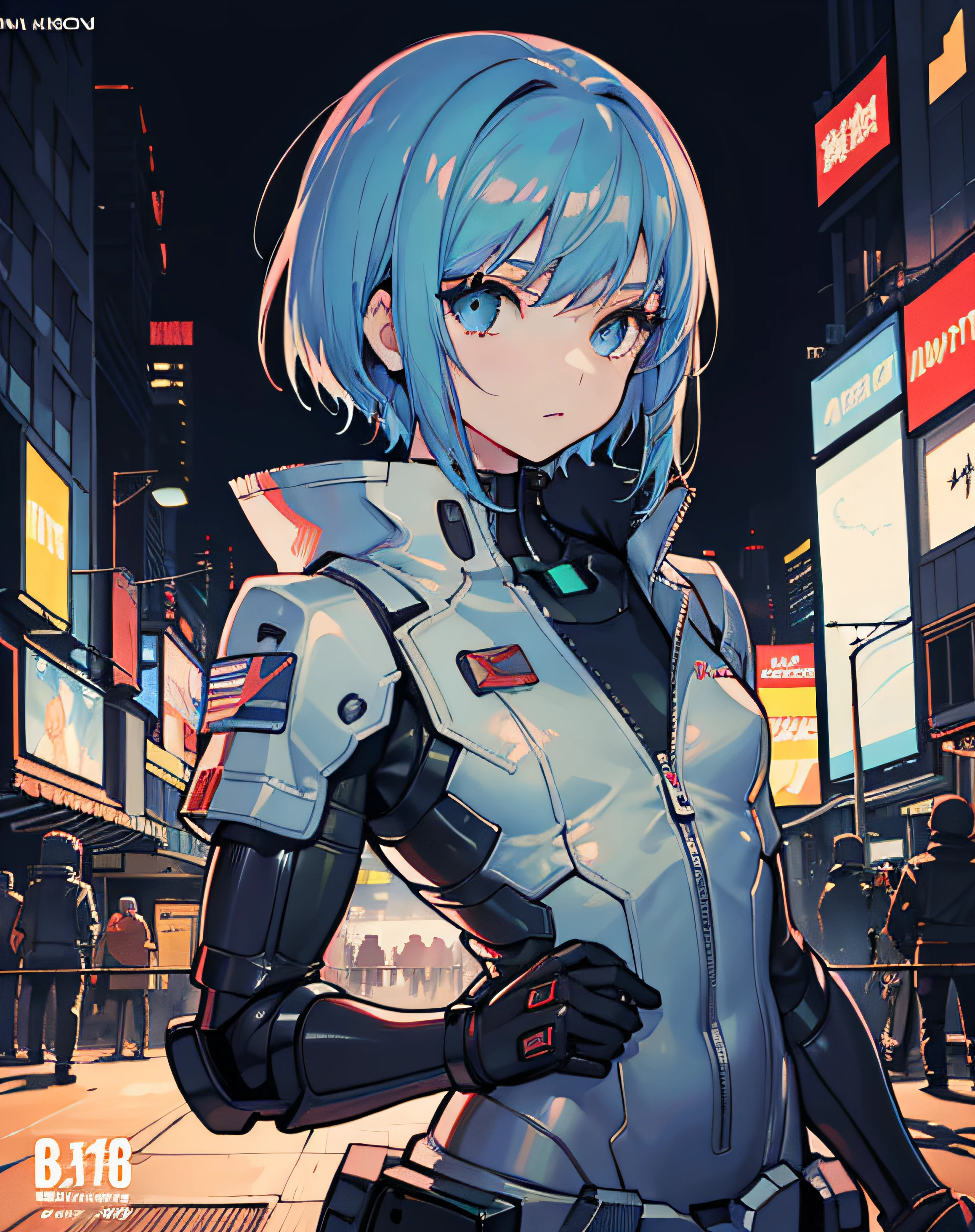 Masterpiece, Best Quality, 1 Girl, Small, (((Album Cover)), Blue Hair, Light on Face, Slim Body, Exoskeleton, Metal Gear, Cyberpunk Style, Short Hair, Gundam