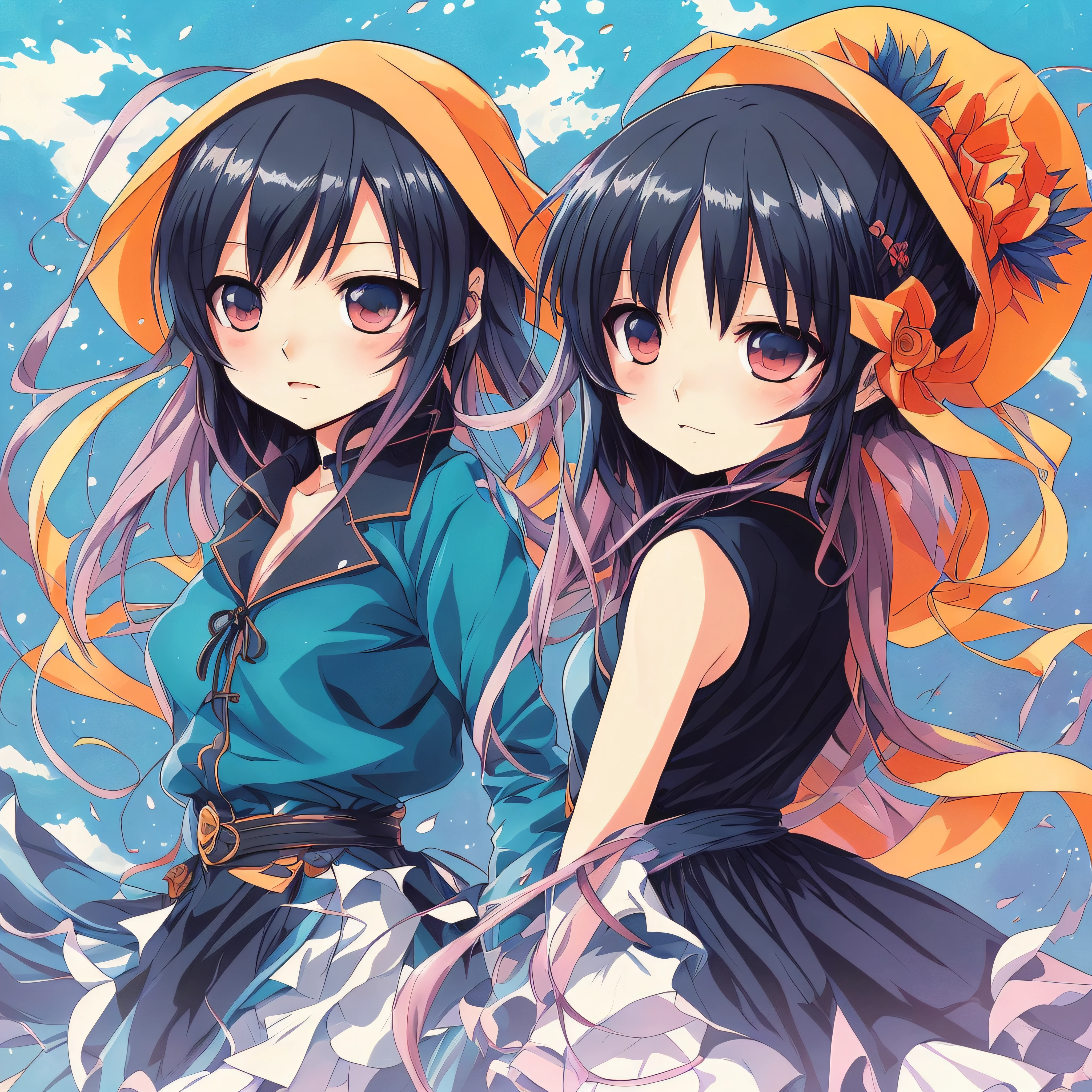 Anime chibi, a painting that includes splashes of color with a woman on the top, in the style of martin ansin, realistic yet ethereal, light black and orange, charming character illustrations, serene faces, azure, comic ar --auto