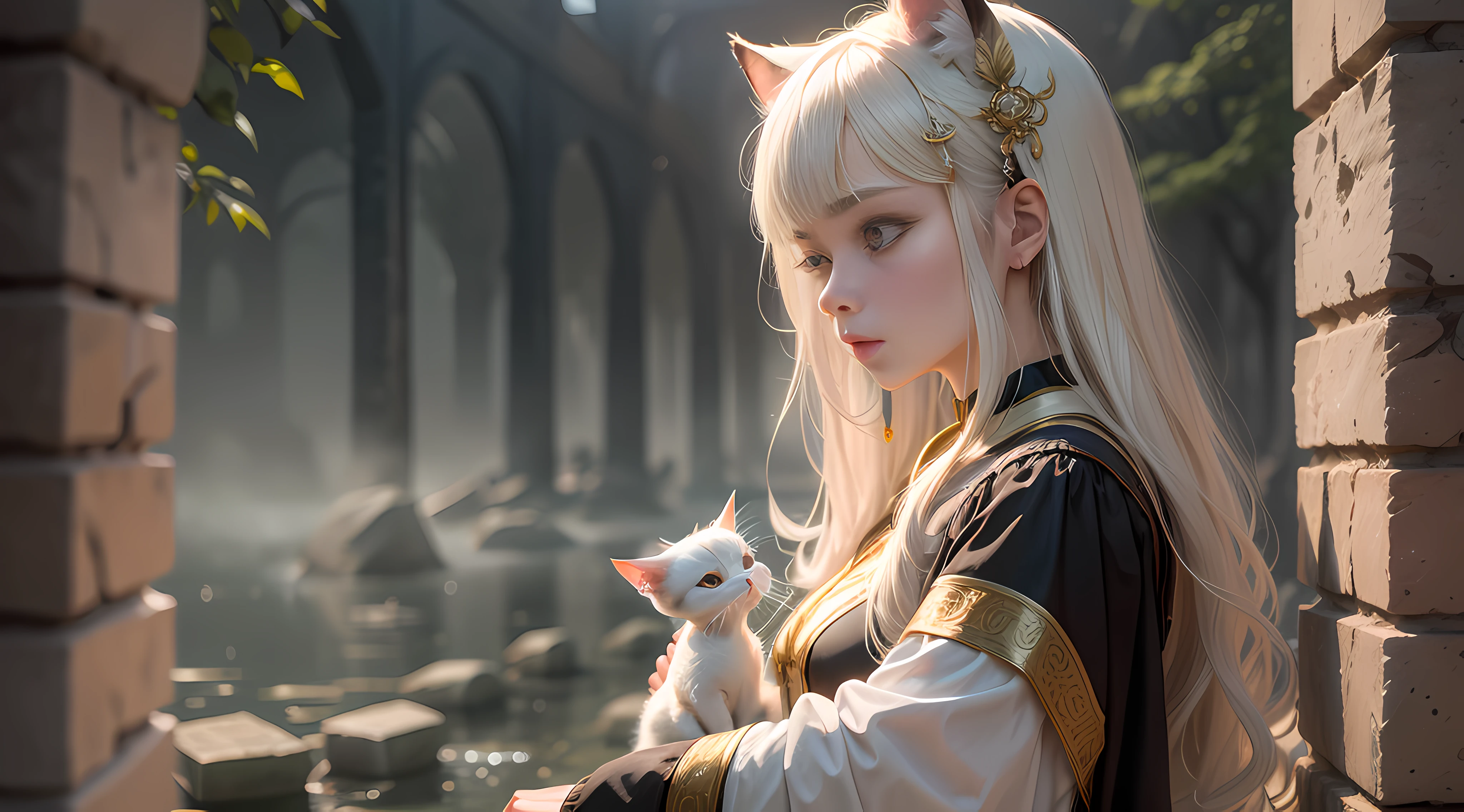 There are definitely many stories hidden behind them,Perhaps the exposure is only the tip of the iceberg。Provide a scene that allows us to see the deep story: In the twilight,A group of people stood in front of the ruins of the White Castle。They are dressed in gorgeous period costumes,A woman in a fox robe sits idly on a stone pier,Wear a unique hair ornament,Slowly stroke a small white kitten。The dark golden shimmer around me felt mysterious and eerie through the mist。Try using this Prompt to produce works with thematic and emotional depth!