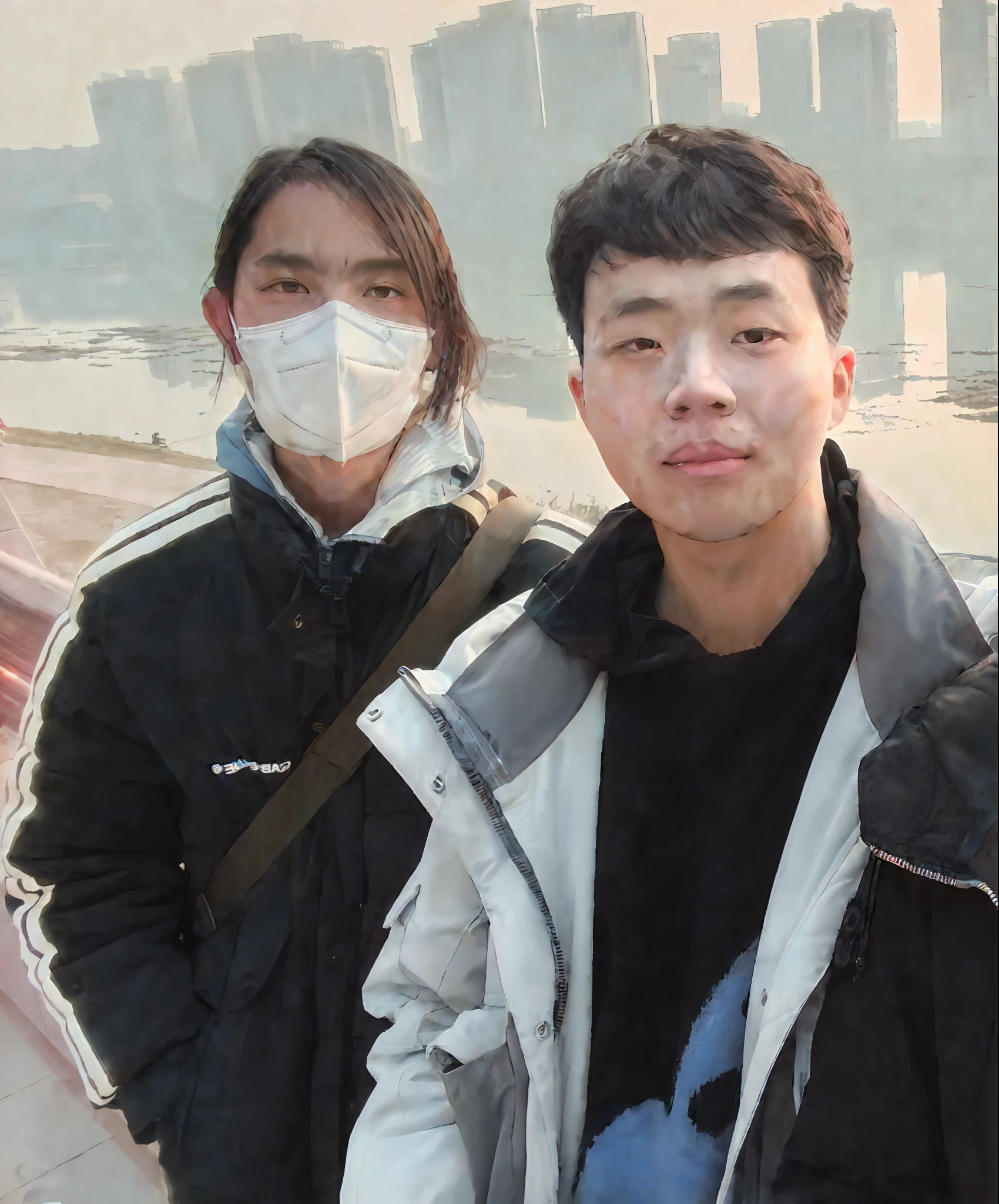 (Art HD 8,000 pixel selfie photo,Extremely realistic,scifi style,Mechanical armor,bodysuit,mecha,robot),Two young men wearing masks,Long-haired wolf-tailed boy in a black mechanical trench coat wearing a mechanical mask,Wearing white mechanical style clothes,Curly-haired boy without a mask