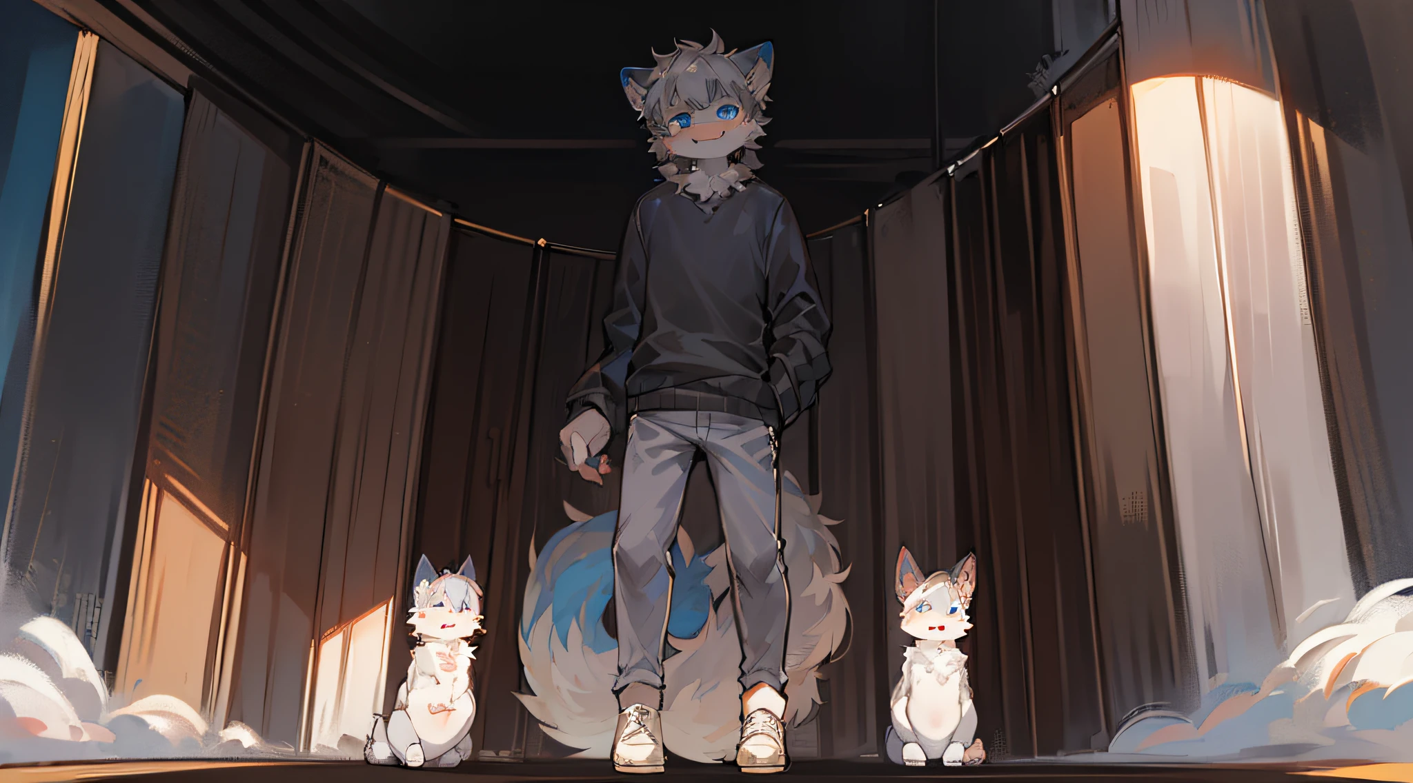 Masterpiece,High quality,abstract res,Digital painting\(artwork of a\), by Dagasi, Yupa,Kiyosan,(anthro,Fluffy fur,Character focus:1.1),anthro male wolf, short detailed hair, eyes with brightness, in a panoramic view, Character focus.(detailedbackground:0.7), 独奏, shaggy, shaggy male, malefocus, anthr,(Full Body Furry, Fluffy tail, White fur, blue color eyes, Gray hair:1.2. Smile,Standing ears), (long canines、:1.2),(In the daytime、)short white pants,white legwear,White casual shoes,gray sweaters