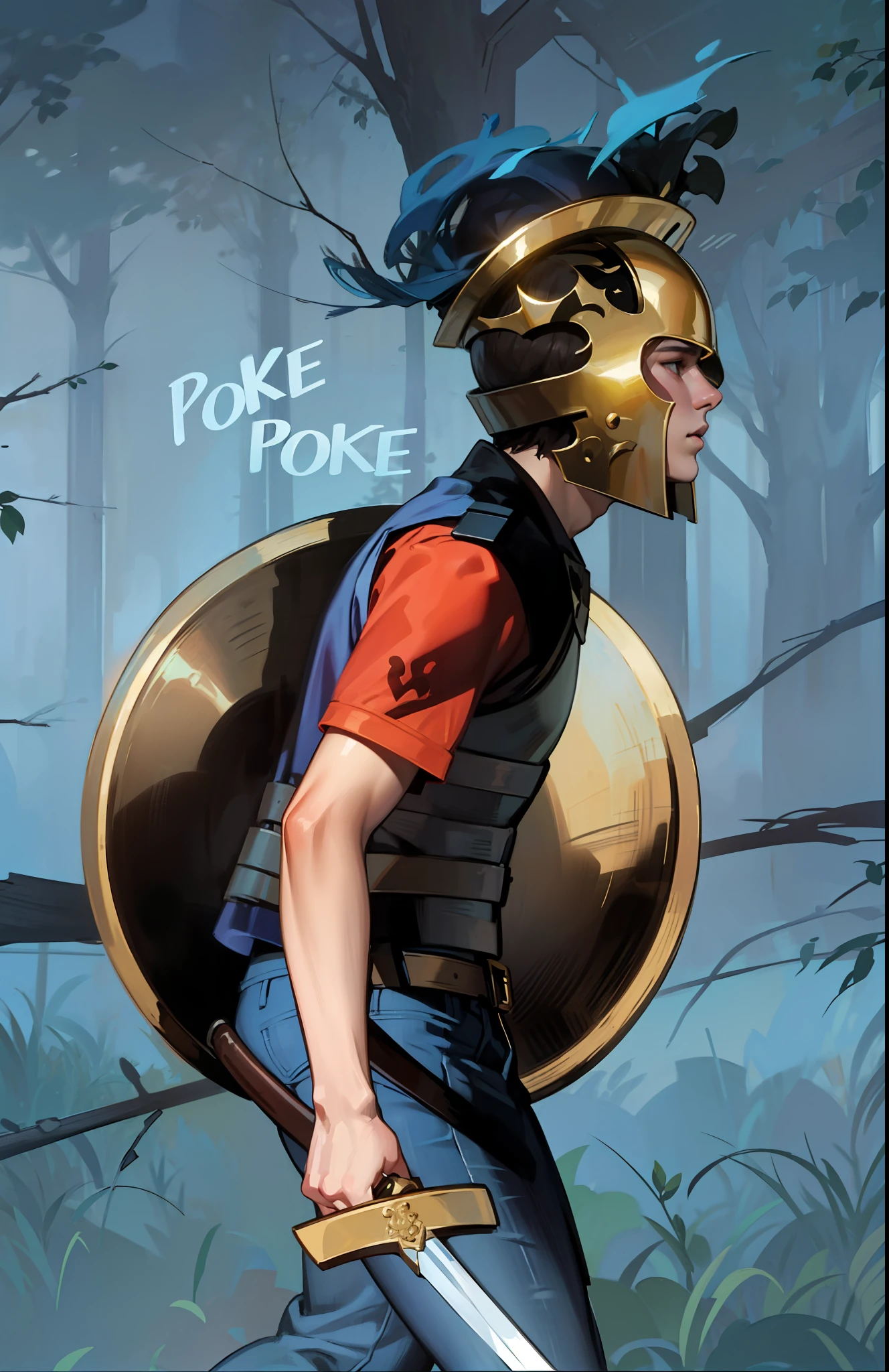 4k, realista, Adolescente masculino, is a Greek helmet (elmo grego), com penacho azul encima do elmo. The boy is in orange clothes and brown leather armor, Denim Jeans Pants. He holds a bronze sword in his hand and a shield below his arm. He's in a forest at night