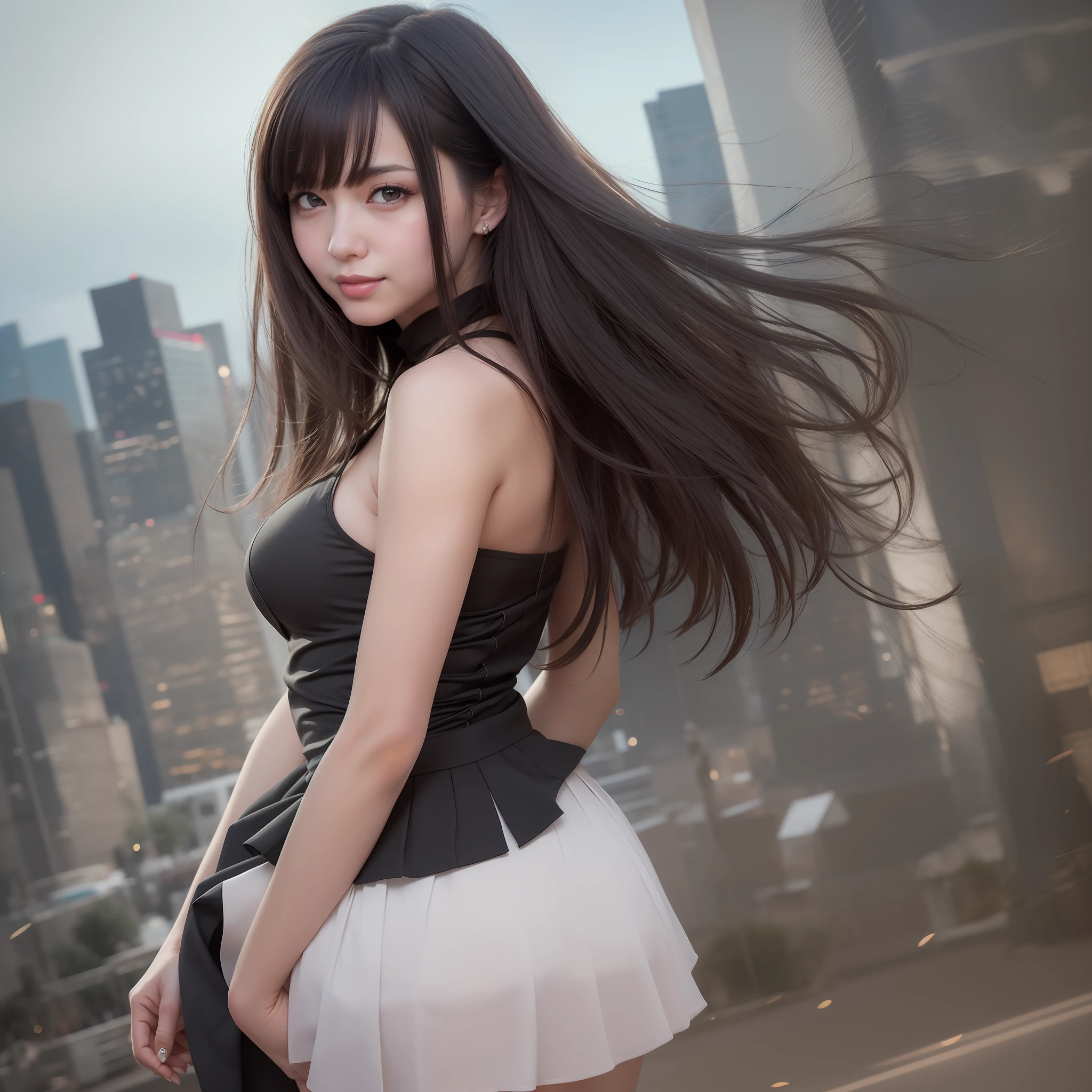 ((masterpiece, best_quality)), 1girl, (photorealistic:1.4), solo, glow skin, smiling, white_background, black_hair, medium long_hair, zettai_ryouiki, skirt, thick ass, medium breasts, ((full_body)),