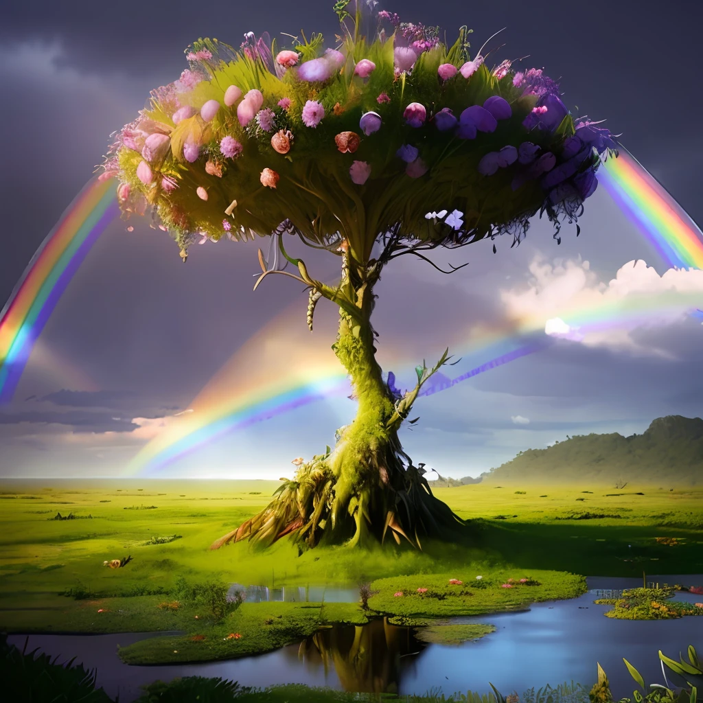 stalenhag, (dense alien jungle swamp:1.3), (many strange unusual rainbow flowers:1.3), sci-fi, hdr, 8k, 4k, octane renderer, huge detailed, artstation