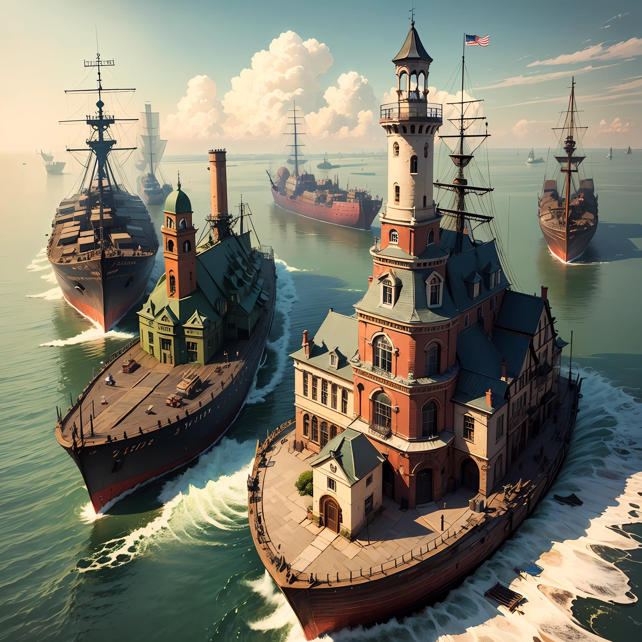 Wide waterways,Dense ships,The first industrial revolution,Fog was thick,Look down from above,Taller houses on both sides,Brick bridge with vintage cars --auto