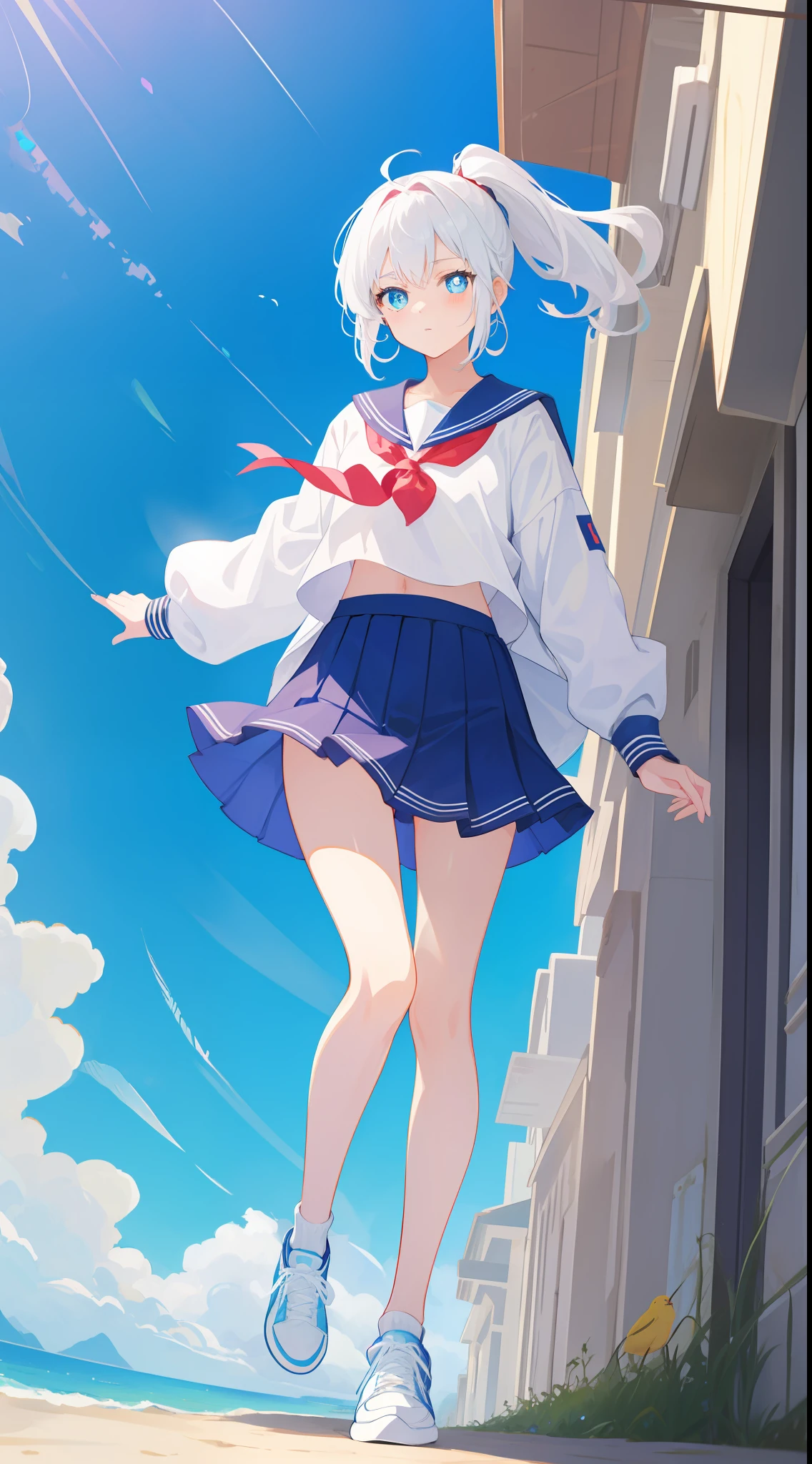 Anime characters with white hair and blue eyes, anime visual of a cute girl, Anime moe art style,Girl with short white hair, Shoujo white hair young anime girl, official character art,Heterochromic pupils，Wear high-top sneakers，White sailor suit blue accents，red hairband，sitted，your legs，flatchest，Short ponytail hair，White high-top flats in hand，chiquita，Short pleated skirt，Full body photo