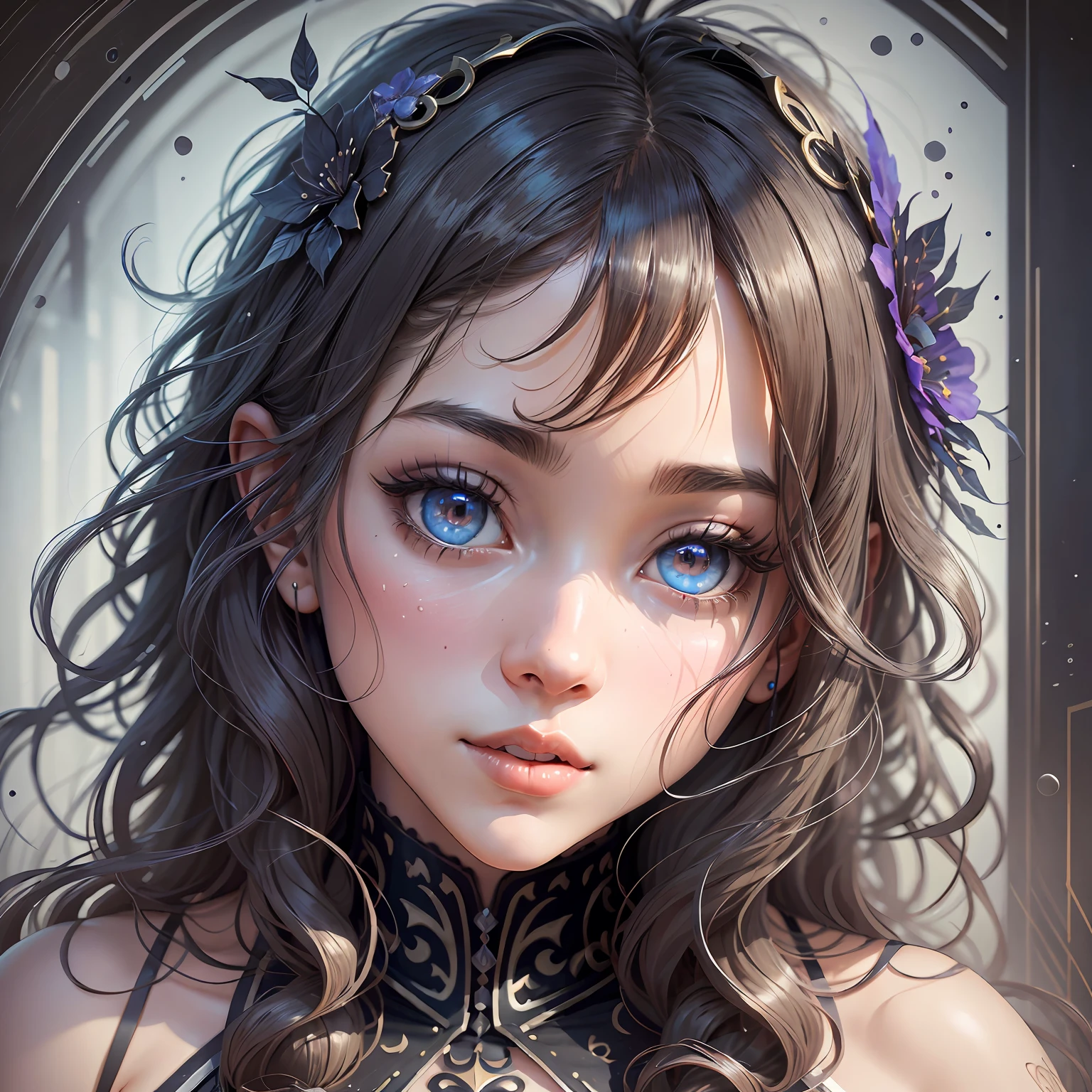Chinese beautiful woman, mannequin, Bust photo, ancientry, Wearing a red and black cheongsam, brown hair, bangs, ponytail, asymmetrical bangs, crystal hair, tentacle hair, very short hair, hairpin, glowing eyes, happy tears, flower-shaped pupils, wide-eyed, earrings, grin, face-to-face, high detail, anime style, chiaroscuro, sparkle, ray tracing, stereogram, symmetry, Classicism, UHD, super detail, best quality, highres --auto