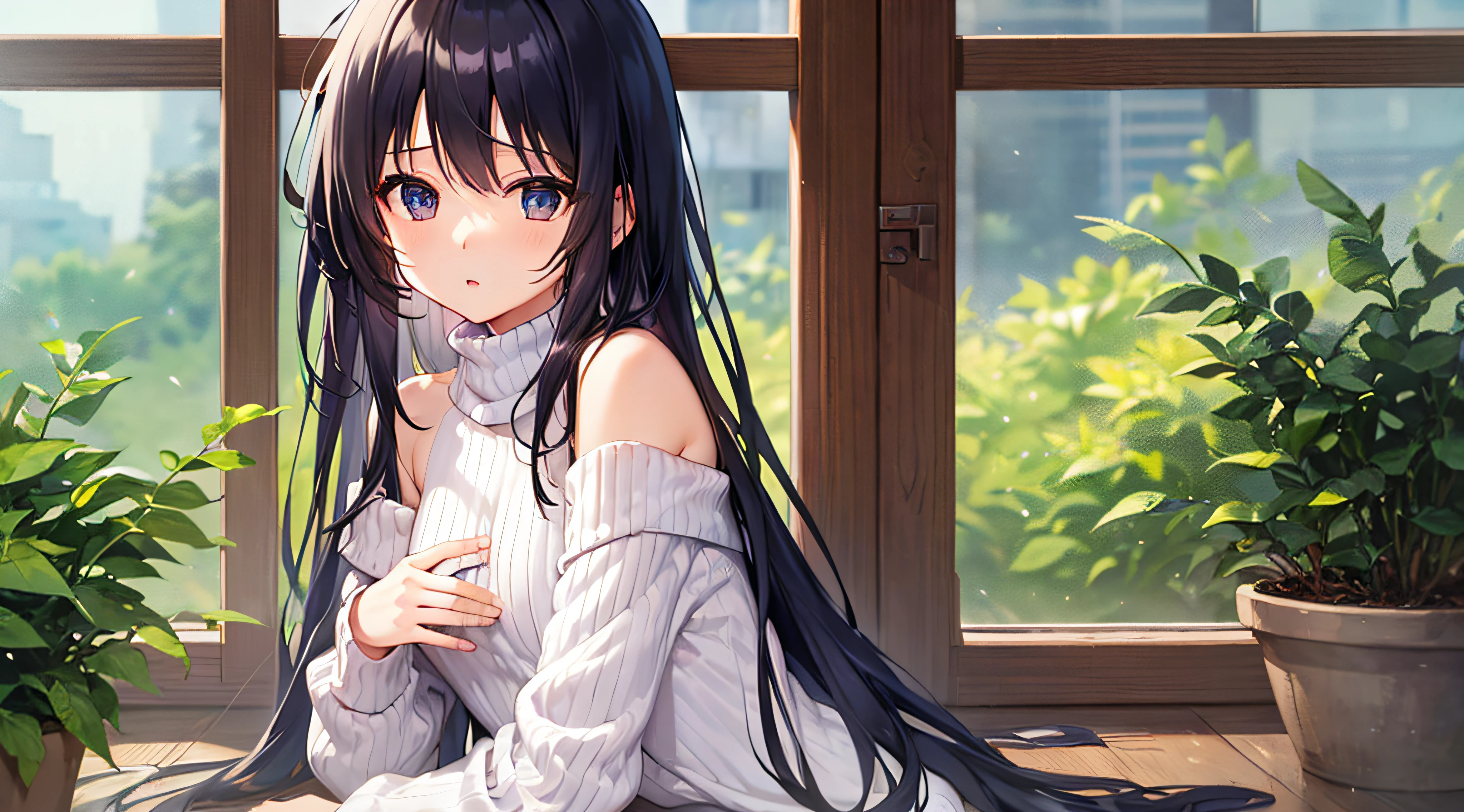 ((Chest Opening Turtleneck Off Shoulder Sweater)) 、 Long black hair with slightly wavy hair、Black eyes、４ｋpicture quality、Superlative quality、（（Top-notch image quality））、Neat and clean girls、beautiful a girl、Anime image quality、Erotic look、Ero、Full body image display、Cute little girl s、soio