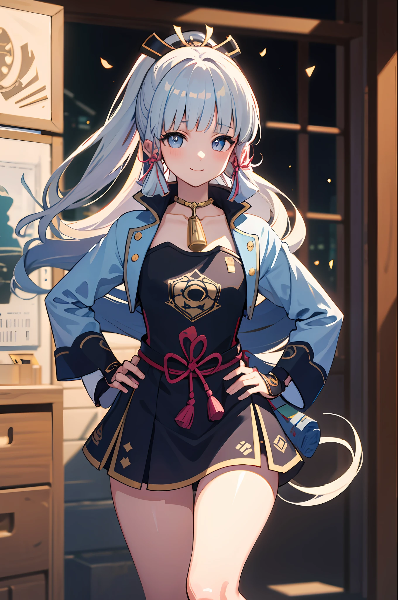 (((masterpiece))), 4k res, highly detailed, (((extremely detailed eyes))), detailed background, cinematic lighting, crystal clear eyes, high quality, highres, ultra-detailed, 8k, best quality, 1girl, solo, shadow, backlighting, light particles, Thick Eyelashes, Wide Sleeve, thick thighs, (masterpiece:1.3), (the best quality:1.2), (super fine illustrations:1.2), (Masterpiece), high quality, high detail,(SOLO:1.4),((round image)), whole body, 1girl, kamisato ayaka, smile, blush, closed mouth, cryokinesis, black gloves, thick, arms behind back, hands on hips, hands on own chest, village