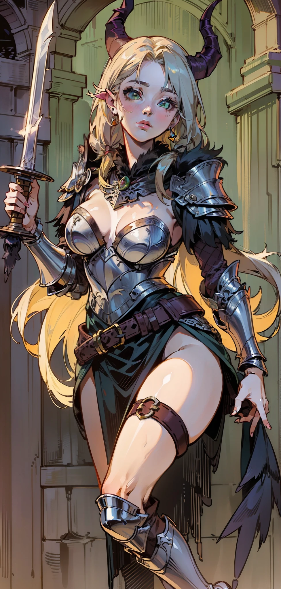 Best quality, masterpiece, ultra high res, (photorealistic:1.4), raw photo, 1girl, offshoulder, in the dark, deep shadow, low key, cold light, green eyes, ((horns)), very long hair, bangs, leather fantasy clothes, demon, big bust, cute face, full body, medieval , (((full body))), silver details, medieval clothes, detailed face, boots, (((magic sword))), shield, belt, bracelets, (((shoulder armor))), elegant, (((furr))), (((crow))), braided hair, silver ornaments, (((perfect face))), blonde hair, masterpiece, long legs, long sword