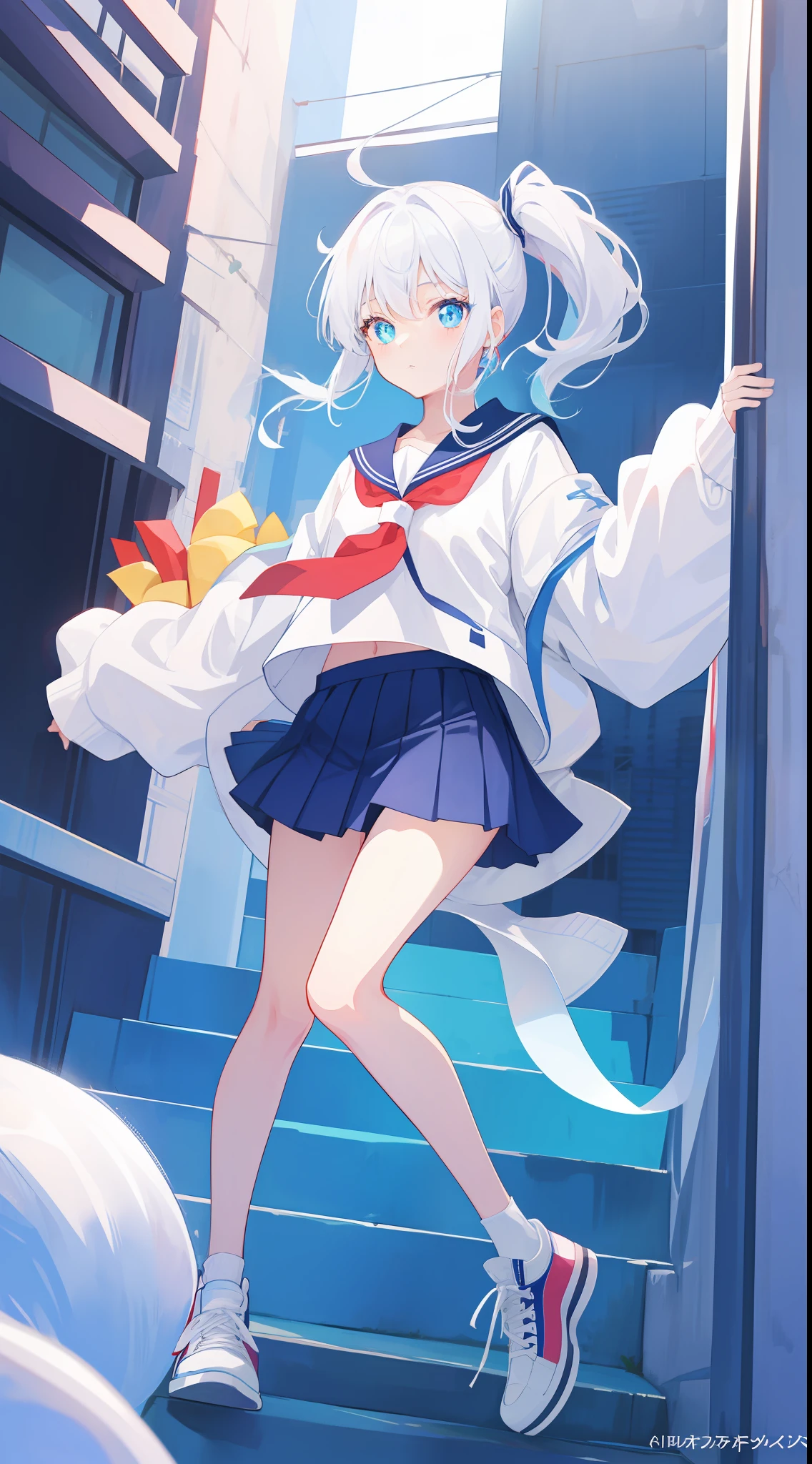 Anime characters with white hair and blue eyes, anime visual of a cute girl, Anime moe art style,Girl with short white hair, Shoujo white hair young anime girl, official character art,Heterochromic pupils,Wear high-top sneakers,White sailor suit blue accents,red hairband,sitted,your legs,flatchest,Short ponytail hair,White high-top flats in hand,chiquita,Short pleated skirt,Full body photo