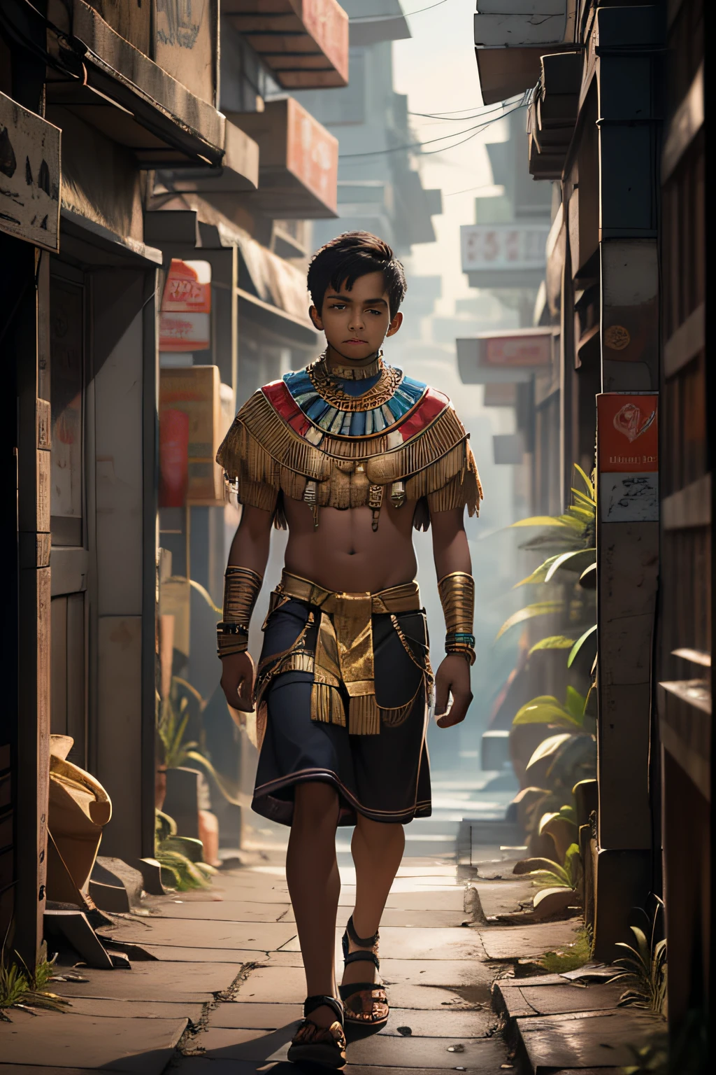 The same 15-year-old boy with, cabello lacio y espalda y pecho desnudos, but dressed in a tribal costume typical of ancient Egypt with dark skin, walks down a dark alley on the banks of the Nile with a melancholy look and a mysterious touch of gold shining on his skin.....(usar el mismo personaje)