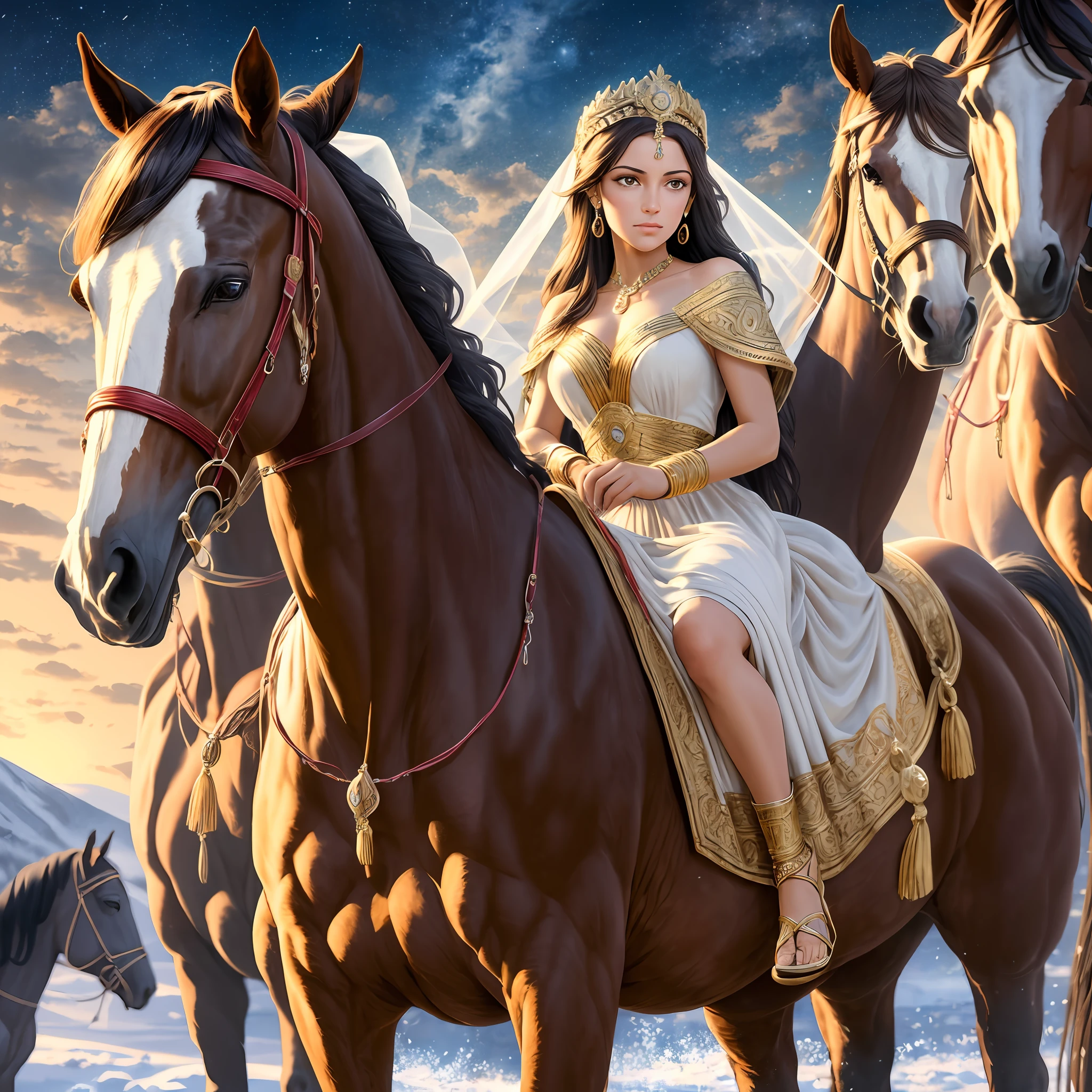 Greek girl goddess of husbandry and horses, With light brown hair and light brown eyes, Wears white greek toga and veil, Is pouting, one black horse is behind, Ancient Arcadian field and mountain, Greek mythology, mysterious winter of mythic Greece, super high quality, ultra accurate description of hands, HDR, photorealistic, super detail, masterpiece, 8K
