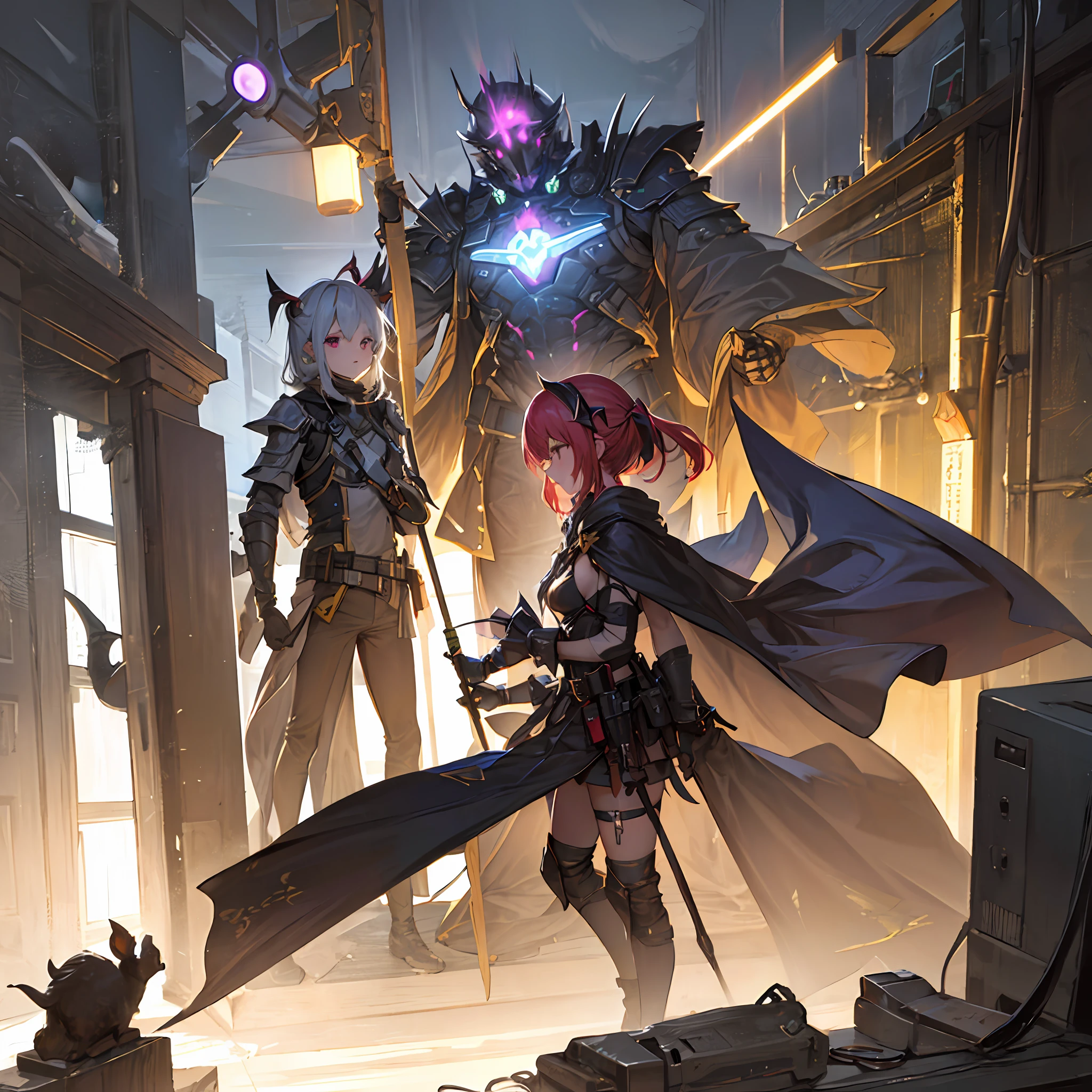 Neon-colored tech armor,Light blue translucent cape,Cross-mask flashing purple,A blade that shines like glass, --auto