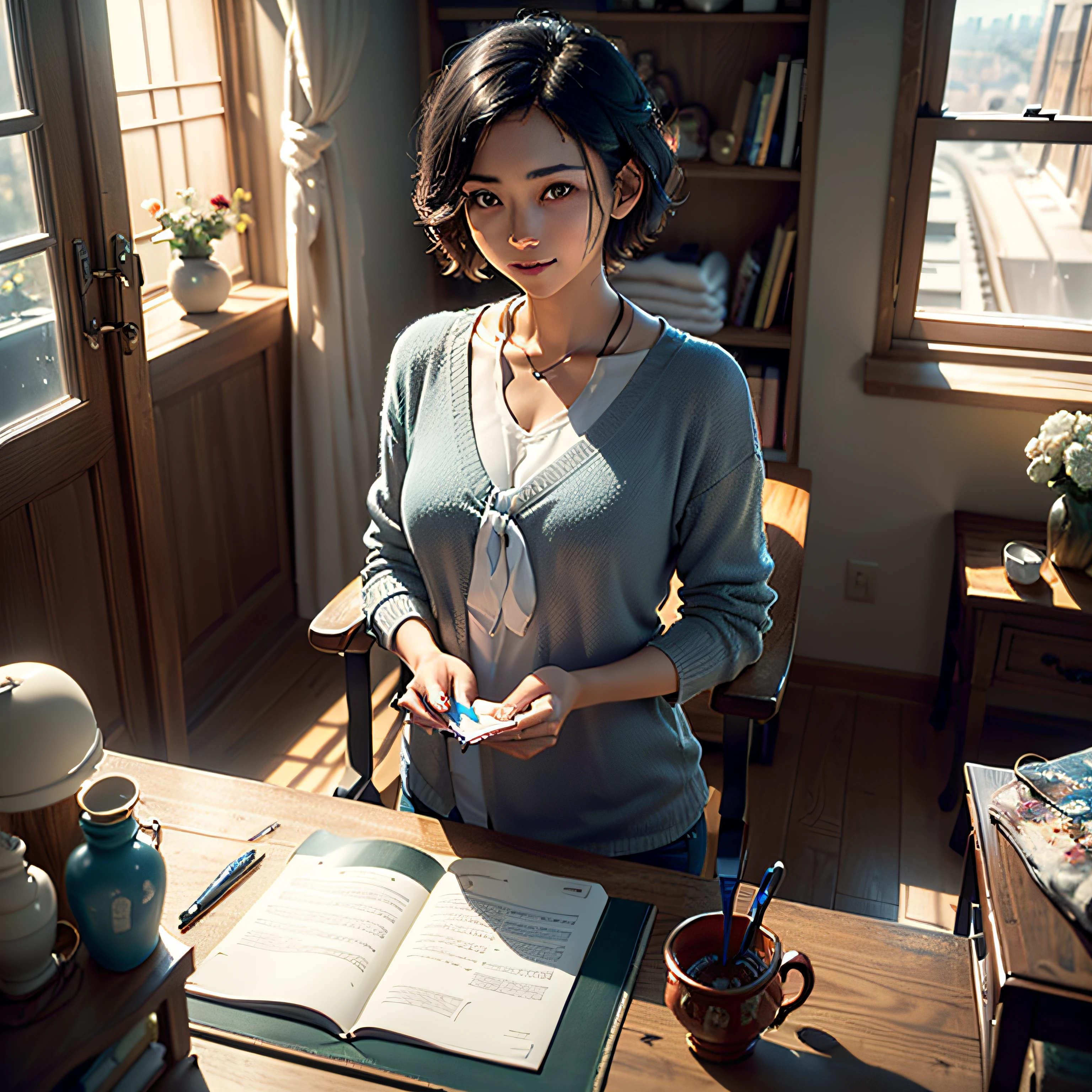 (masterpiece, highest quality, highest resolution, distinct_image, very elaborate CG, cinematic lighting, ray tracing, drop shadows, detailed detail, (photorealistic: 1.4), high quality textures, fine-grained, realistic face expression): (lone girl, face is Japan, short blue hair, small size breasts, sparkling eyes, Eye level shot, light smile, beauty, slim body, holiday, bedroom, console game, computer, bath, bath towel, hair dryer to dry hair, radio, coffee, model train, bookshelf, spacious chair, pot, fan, painting, stuffed animal, tie, notebook, stationery, vase, photo frame, letter, fountain pen, calendar, lamp, Cushions, baskets, mirrors in profile, candles)