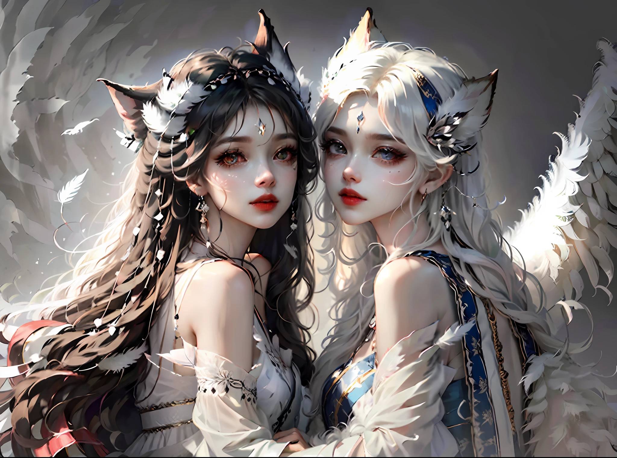 Best quality, twins, super beautiful girl, beautiful long hair, black and white wings, white wolf ears, feather headdress, gentle and temperamental, indifferent eyes, apricot eyes, long eyelashes, hazy background