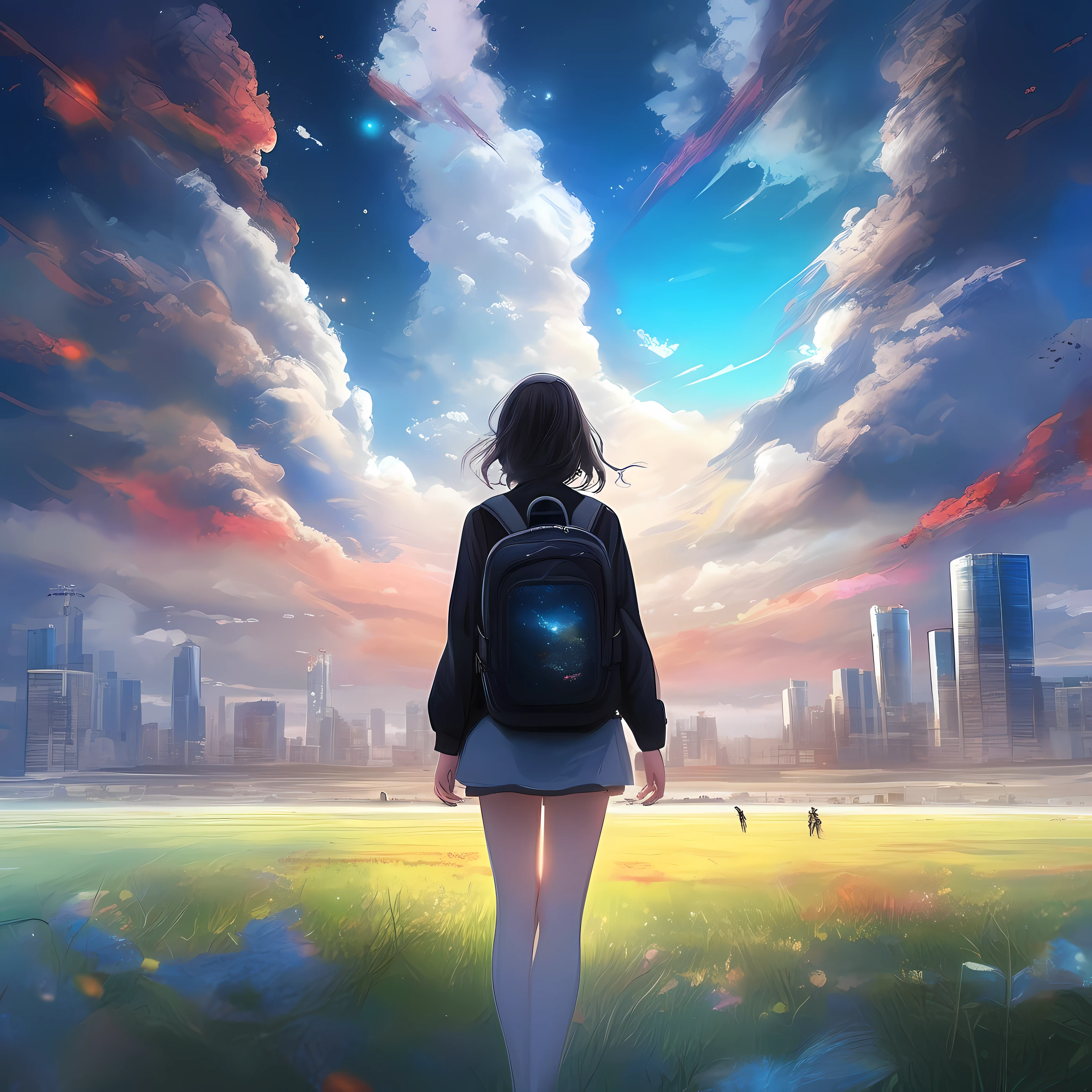The vast sky,the beautiful skyline,Large grasslands,Intense and dramatic imagery,the moving visual effects,the high-hanging Polaris,Colorful natural light。A long-sleeved top,black lence stockings,A girl carrying a backpack。Not far away there are Russian buildings on the ground。