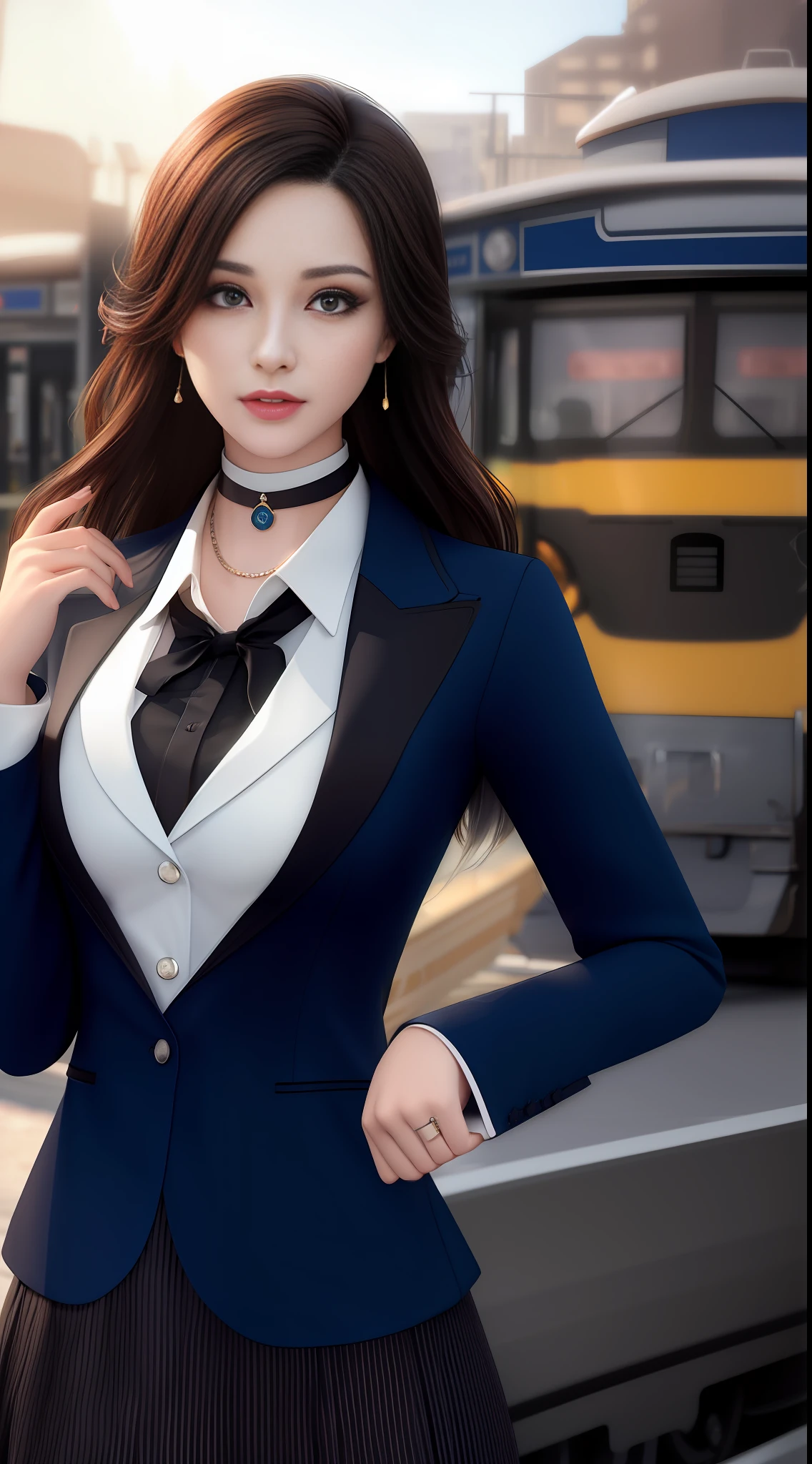 best qualtiy,tmasterpiece,A high resolution,1girll,Porcelain skirt,blazer jacket,Manteau,Business suit,long whitr hair,Smooth long hair,choker necklace,beautiful face,sideface,Side Body,Sideways,Side body,Dingdall effect,realisticlying,Wait at the station,Background car,edge lit,twotonelighting,(highdetailskin:1.2),8K UHD, Digital SLR, softlighting, high high quality, volumettic light, sneak shot, photore, A high resolution, 4K, 8K, Background bokeh,