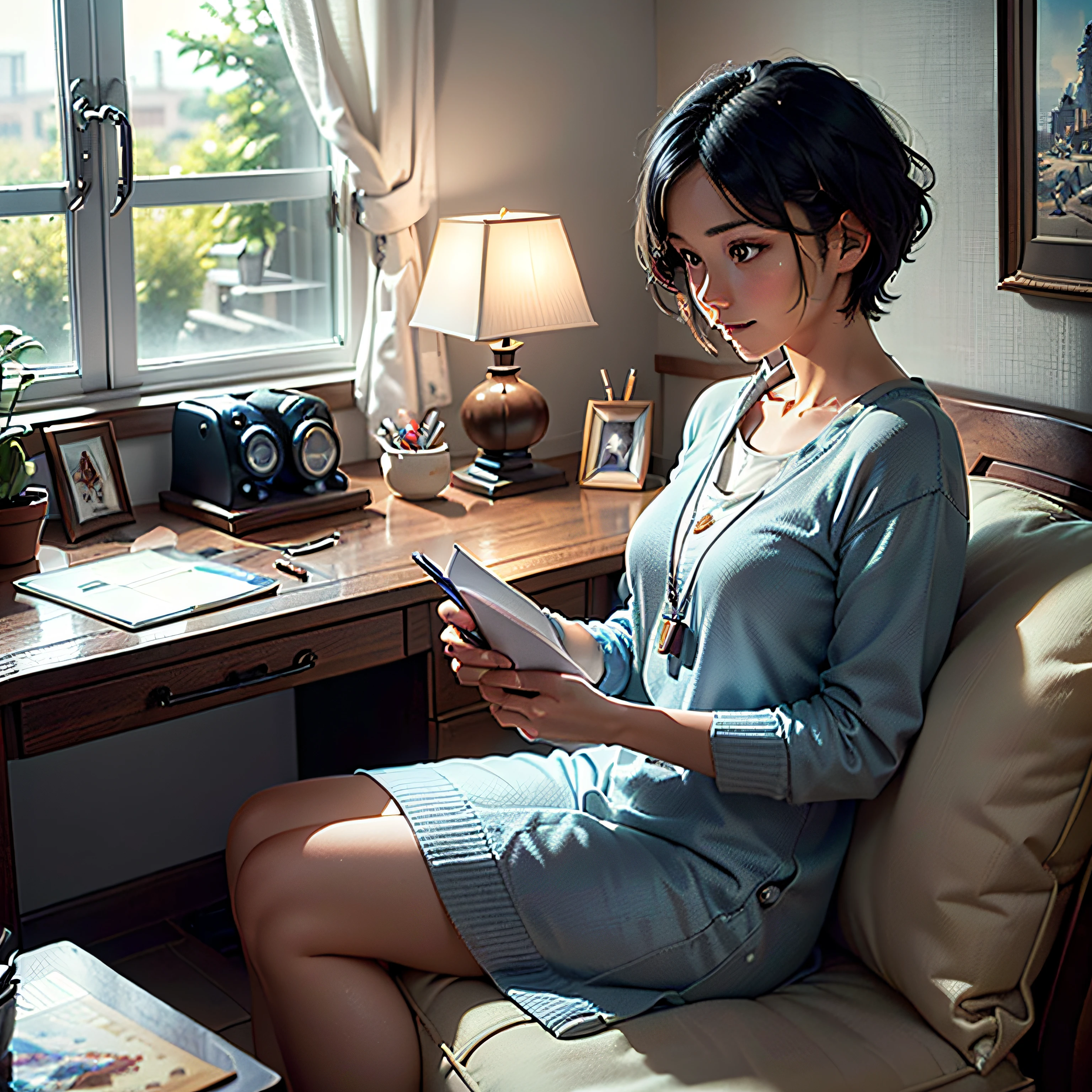 (masterpiece, highest quality, highest resolution, distinct_image, very elaborate CG, cinematic lighting, ray tracing, drop shadows, detailed detail, (photorealistic: 1.4), high quality textures, fine-grained, realistic face expression): (lone girl, face is Japan, short blue hair, small size breasts, sparkling eyes, Eye level shot, light smile, beauty, slim body, holiday, bedroom, console game, computer, bath, bath towel, hair dryer to dry hair, radio, coffee, model train, bookshelf, spacious chair, pot, fan, painting, stuffed animal, tie, notebook, stationery, vase, photo frame, letter, fountain pen, calendar, lamp, Cushions, baskets, mirrors in profile, candles)