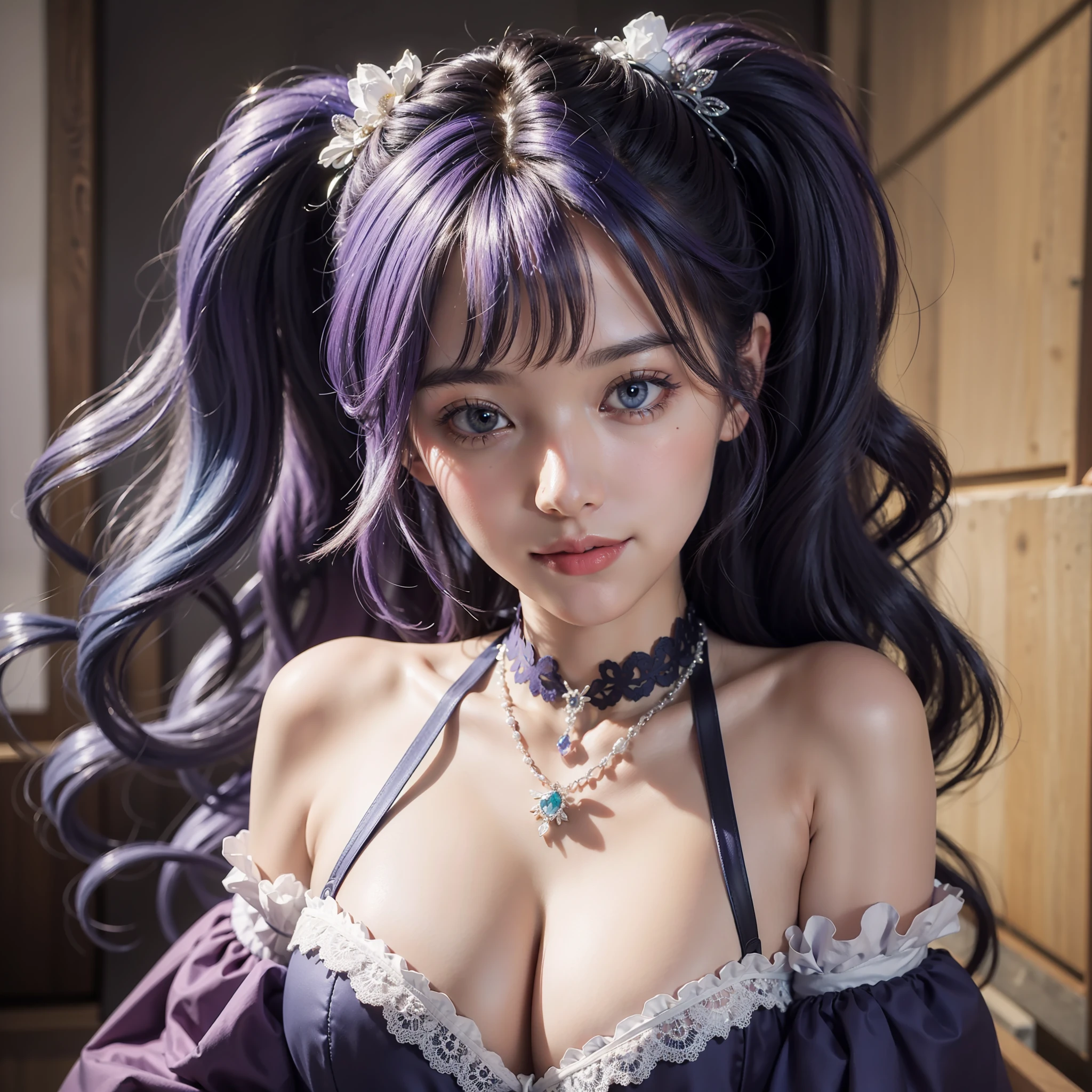 Colorful hair（Purple and blue gradient）、short twintails、Beautuful Women、beautidful eyes、Dazzling smile、Soft skin quality、Official art、​masterpiece、Extremely delicate modeling、top-quality、Photorealsitic、8k picture、hiquality、large full breasts、Princess、In face（Rounded face）、Sheer Lingerie、