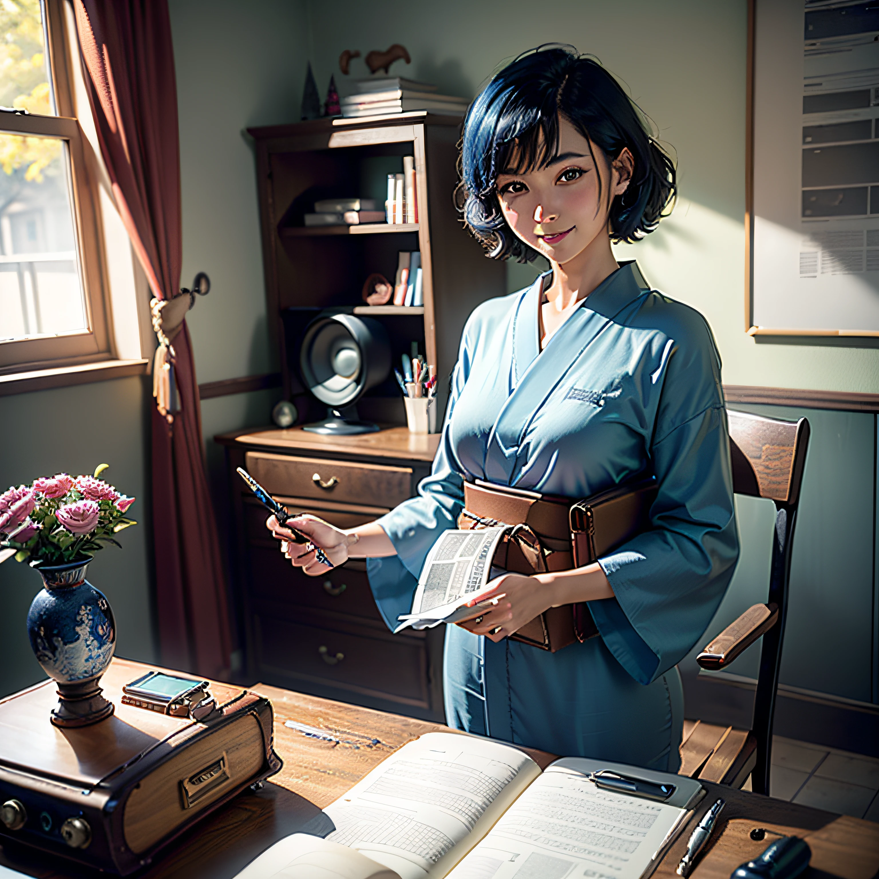 (Masterpiece, highest quality, highest resolution, distinct_image, very elaborate CG, cinematic lighting, ray tracing, drop shadows, detailed detail, (photorealistic: 1.4), high quality textures, fine-grained, realistic face expression): (Girl alone, face is Japan, blue hair, small size breasts, sparkling blue eyes, Eye level shot, happy smile, beauty, slim body, holiday, own room, game console, computer, display, keyboard, mouse, yukata, handgun holder, leather bag, long boots, antique radio, coffee, model train, bookshelf, wooden chair, pot, fan, painting, stuffed animal, tie, notebook, stationery, vase, photo frame, letter, fountain pen, calendar, lamp, cushion, basket, mirror, candle, newspaper, sweets, outside the window you can see the park, telephone, fruit, telescope, retro TV)