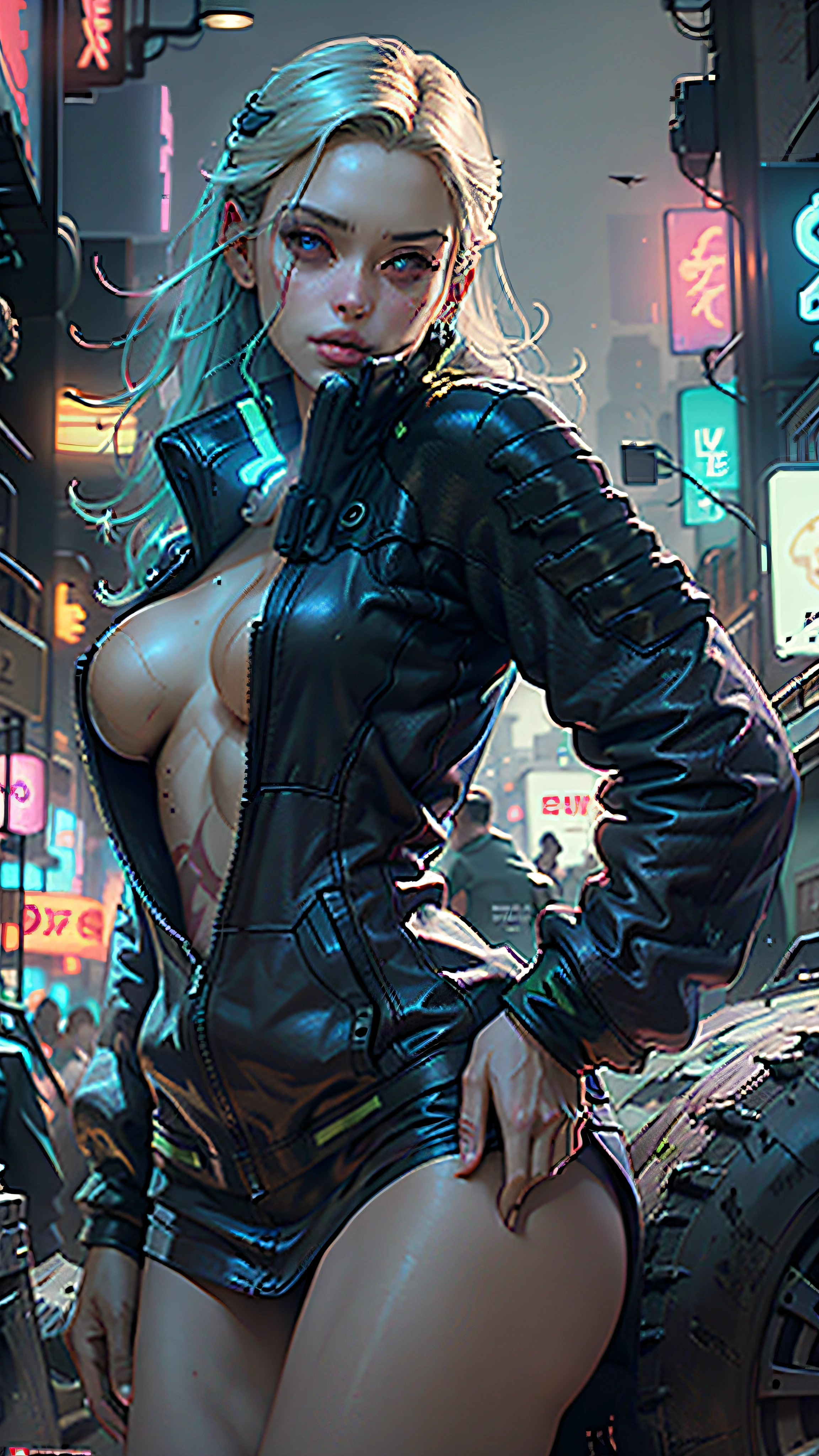 Beautiful woman, dyed hair, sexy leather clothes, long breasts, cyberpunk style, realistic detailed, close, portrait