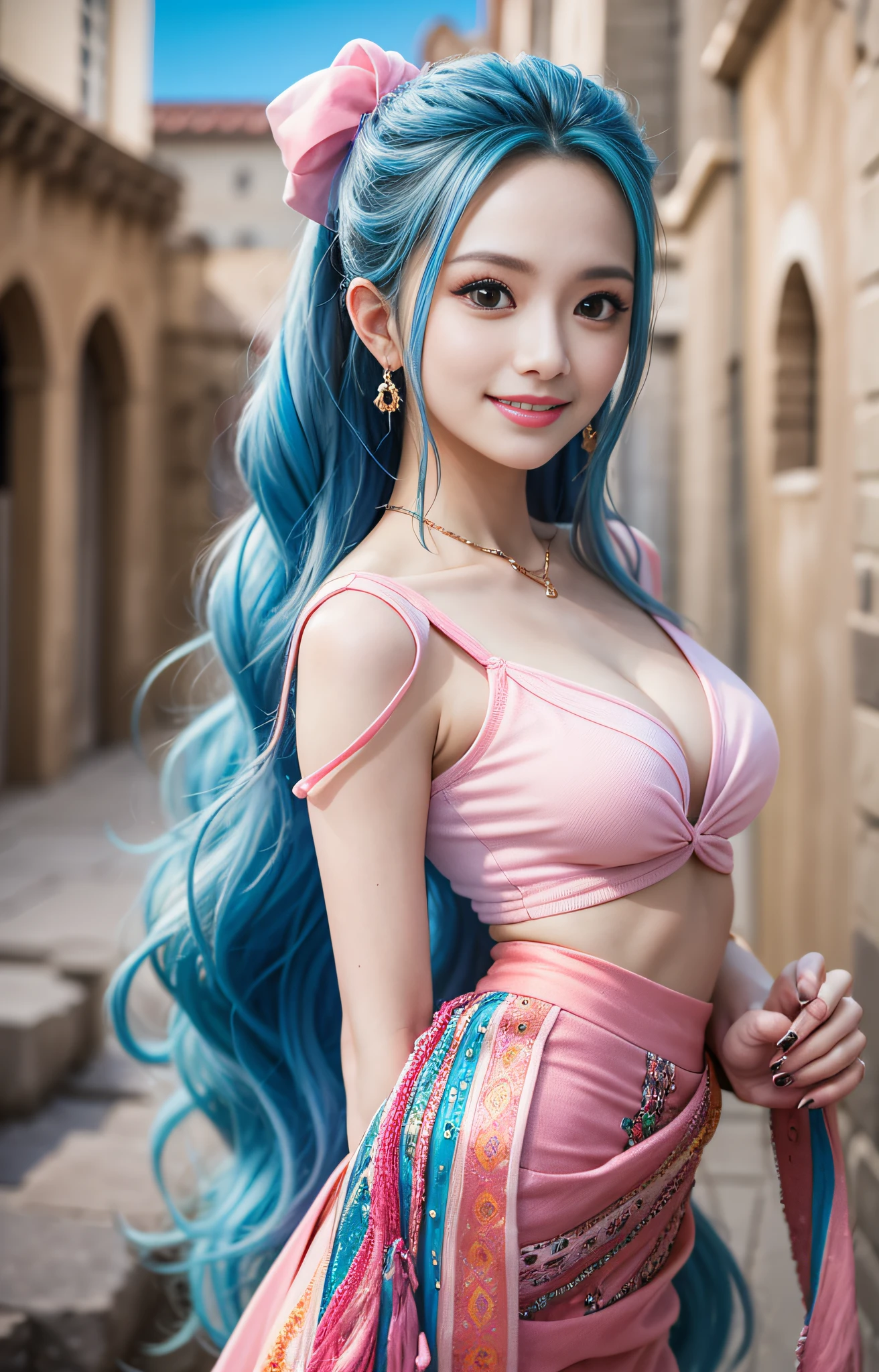 masutepiece, Best Quality,8K,highest grade, absurderes, Extremely detailed, nefertari vivi, 1 girl, Solo, Looking at Viewer, long wavy light blue hair, with two locks hanging down, one on either side of her head, which started out at about chin-length, She is most often、I wear it with my hair pulled back into a ponytail, and brown eyes, she is wearing a dancer outfit with a blue-pink top, blue-pink long skirt, and a white scarf, (Castle background),///,Details Eye Makeup、a smile