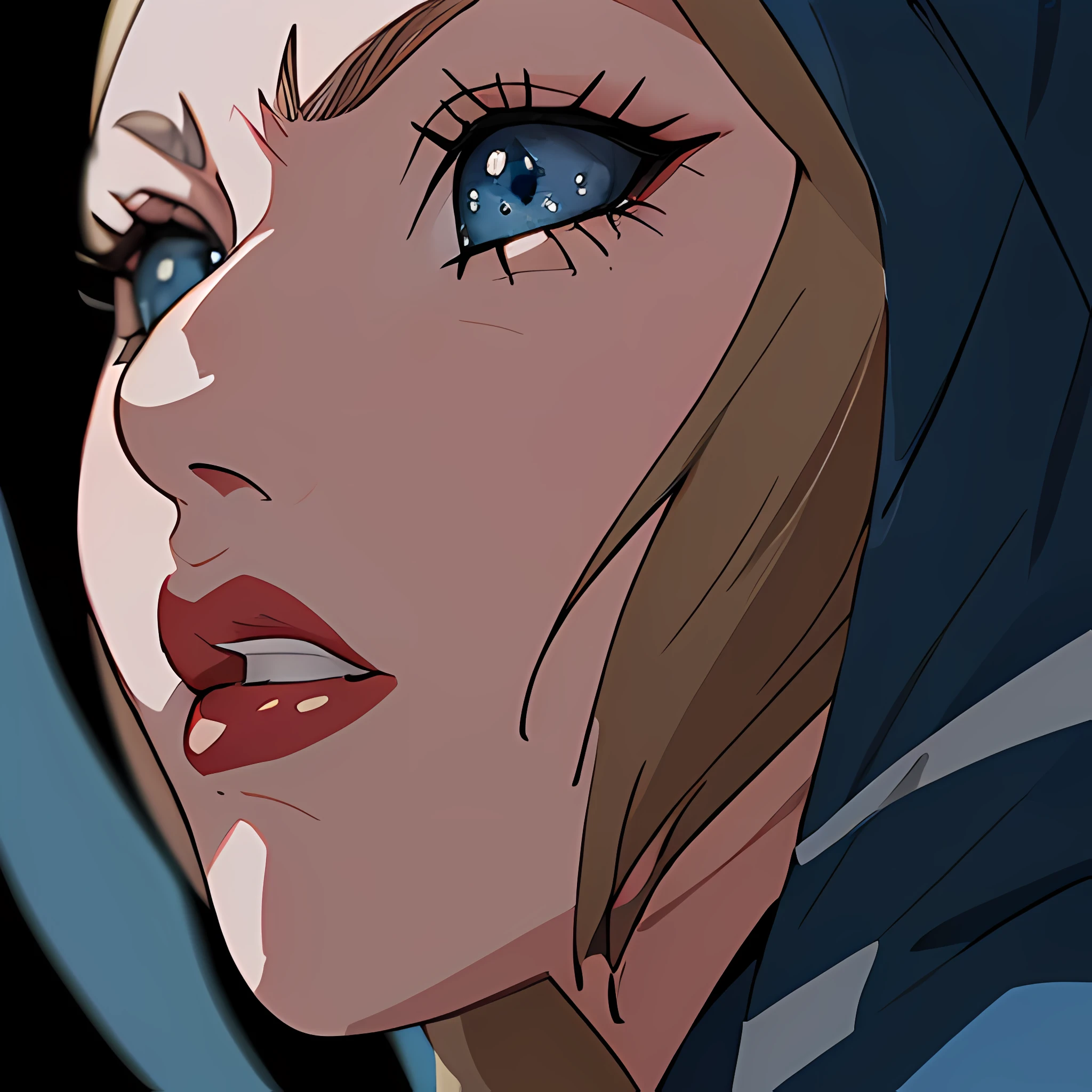 ((close up portrait of middled age woman with a hood on & with big huge giant blue eyes & tiny nose & closed wide thick mouth!!!:1.5)), she is looking at the camera & her expression is solemn, colorfull anime portait, colorfull anime profile, solemn expression, mysterious portrait of a woman, inspired by Naruto anime series, myself, mysterious portrait, mysterious eerie portrait, night!!! (((masterpiece))), (((best quality))), ((ultra-detailed)), (highly detailed anime illustration), ((an extremely delicate and beautiful)),(from side),cinematic light,((1anime woman)),solo, black background, extreme detailed,colorful,highest detailed