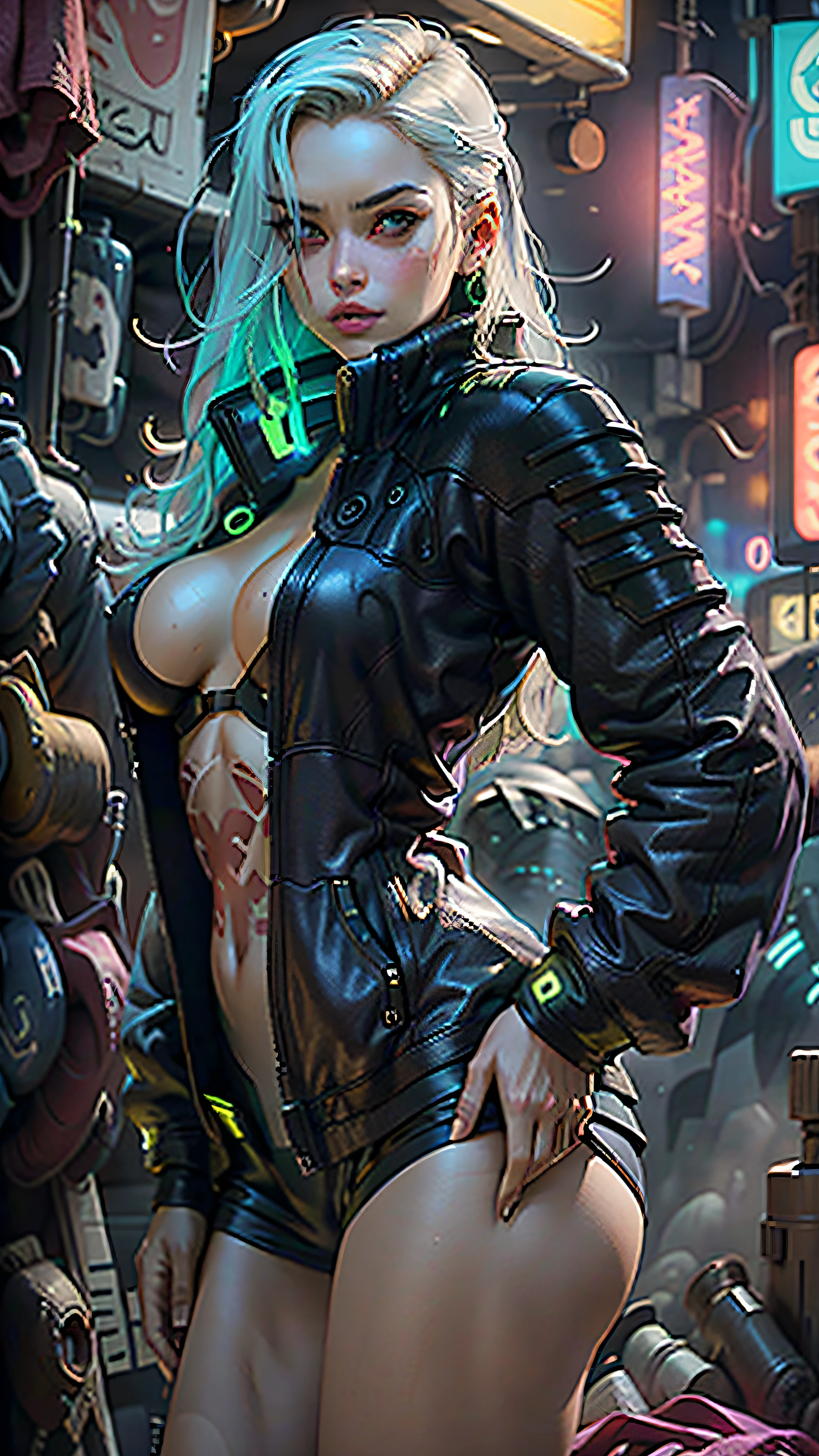 Beautiful woman, dyed hair, sexy leather clothes, long breasts, cyberpunk style, realistic detailed, close, portrait