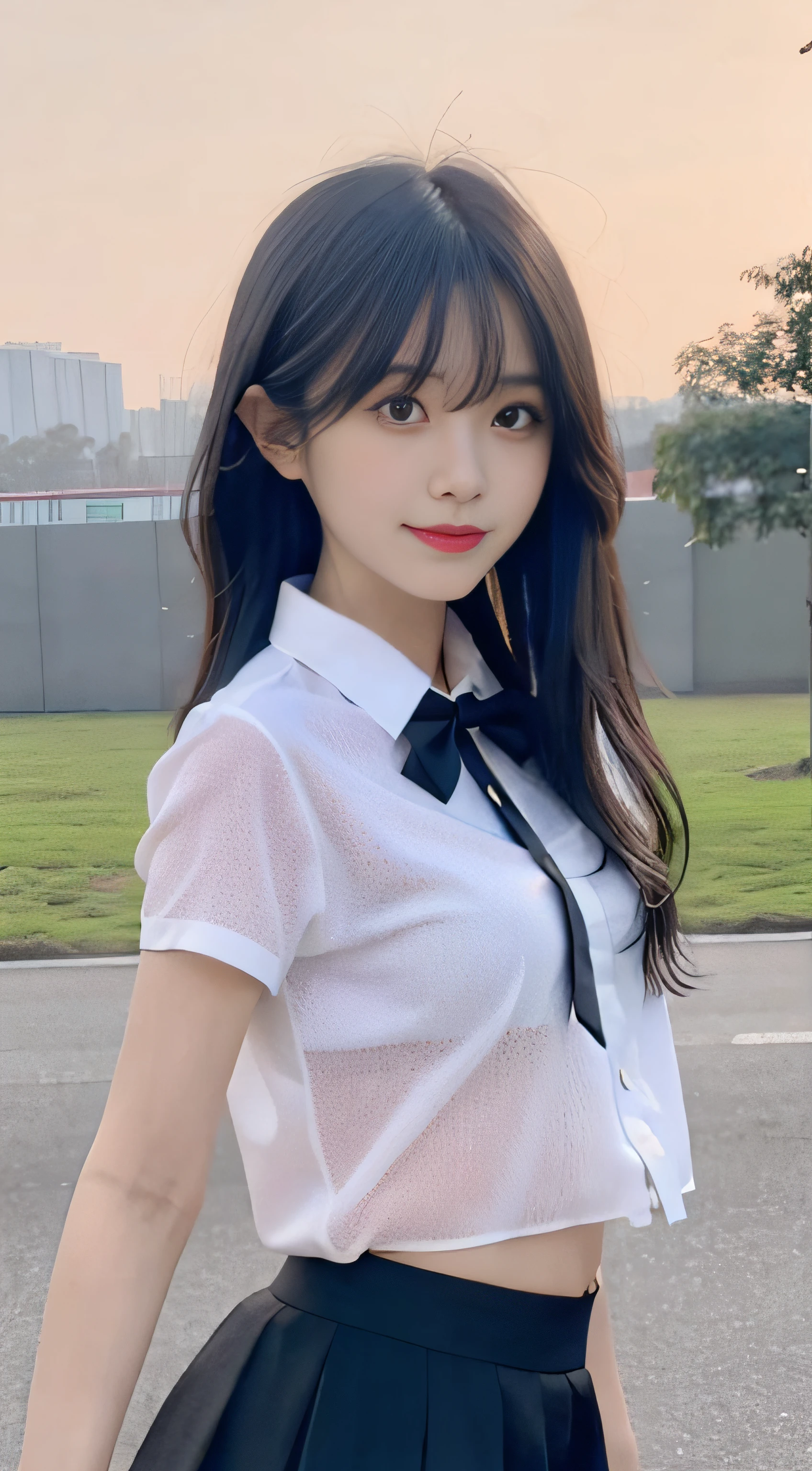 (4K, RAW photo, Best quality, Masterpiece: 1.3), (Real, photoreali: 1.37), (Night), (view the viewer: 1.331), (Black hair), posing on a, School playground, Night scene, Gentle light, 1girll, Beautiful face, Bust photo, Random hairstyle, Random expression, Big eyes, belly, (short- sleeved.JK_shirt), JK_Style, (Crimson JK_Skirt) ,(Bow jk_tie),Solo,