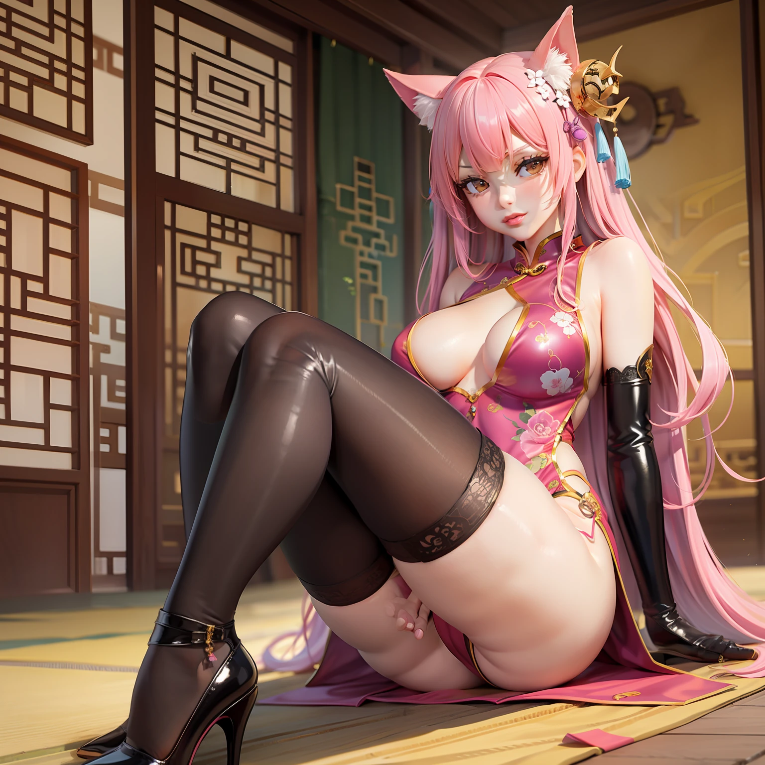Knee socks,Large , Pink hair, double tails, upper legs, white thighhighs, Pink clothes, Long legs, No bra, High heel,Red high heels, Bare_hindquarters, bangs, areola ast, Elbows, Chinese dress, Fat ass, hair tying, we_navel, Looking_at_peeping at the viewer, Arms_Behind_Head, Blush, latex, Sleeveless_dress, Long hair, cosplay,Fantastic,straitjacket,Tight gloves,high-heels,Bring your feet together,Foot length,Sit,Chinese style cheongsam,on cheongsam,Gold ornaments,Gold lace,Long straight hair,Headbands, Thin body, Fair skin, Broad lighting,Glossy Clothes, black thighhigns,Chinese-style architecture,China-style,gazebo,Lace,laughingly,Quaint,Tight cheongsam,Flowing cheongsam,knee high stockings,
