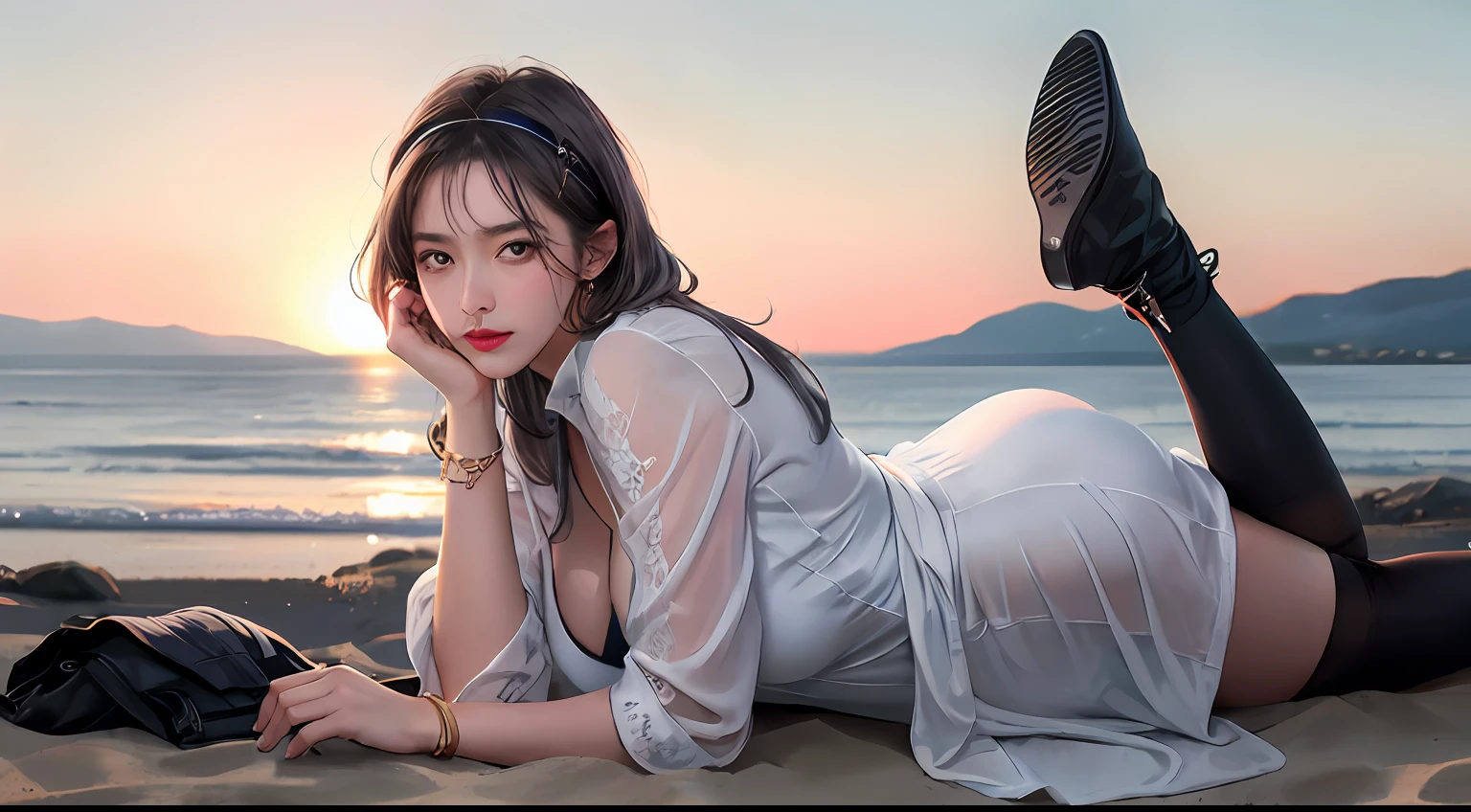 1girl, Stunningly Beautiful Girl, creeping in the air , Torpedo boobs , nice ass , unfastened, headband , Wrap dress , A bracelet, Fingerless sleeves, subordinate, ankle socks, Rubber boots, Long-form face, narrowed eyes, Salt and pepper (gray in color) Long bangs, Short hair, messy hair, Light pink lipstick stain, musume , grimace, Excuse me, ((Photorealistic):1.1), (Raw, 8K:1.2), (Textured skin, pores skin:1.1), intricate details, Masterpiece, Best Quality, hiquality,