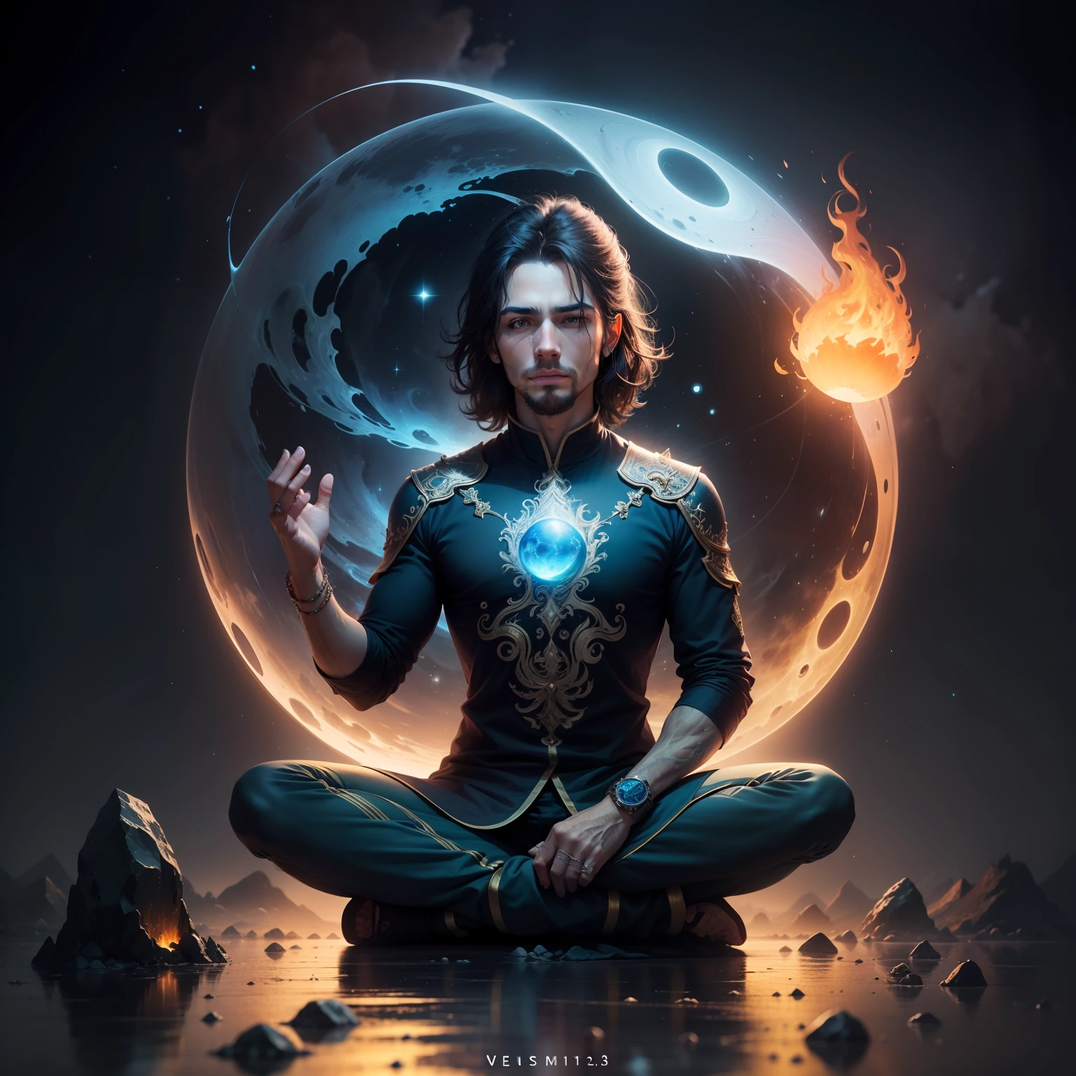 ((meditation:1.2, equilibrium),(Deus:1.3, fogo azul:1.2, fogo vermelho:1.2)),retrato, sitting in the lotus pose, (1 homem), calm expression, strong build, cabelo preto ondulado, Olhos azuis Brilhantes, pele brilhante, detalhes finos, mystic atmosphere, cosmic ambient .
