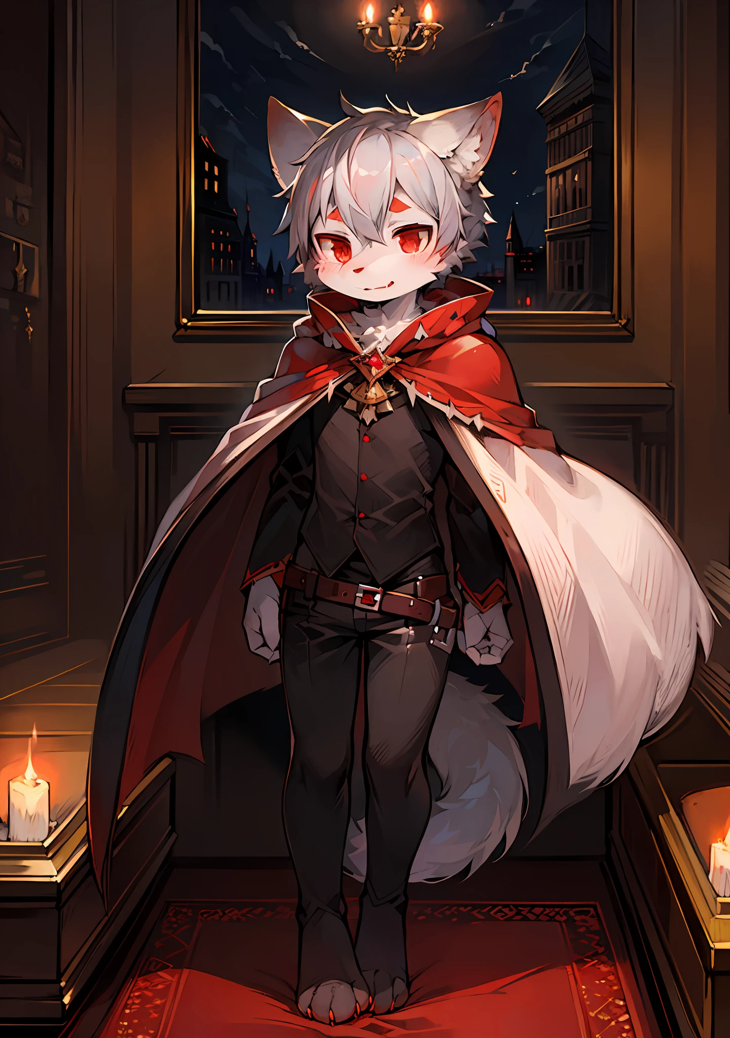 (dark environment:0.8),masterpiece, high quality, absurd res, digital painting \(artwork\), by dagasi, yupa,kiyosan,(anthro,fluffy fur,character focus:1.1),anthro male cat,short hair,portrait, bright eyes,panorama,character focus.(detailed background:0.7),solo,furry,furry male ,male focus,anthr,(Full body fur, fluffy tail, white fur,red eyes,gray hair:1.2),(long canines,vampire, cape:1.2),(interior,night, castle, coffin:1.1)